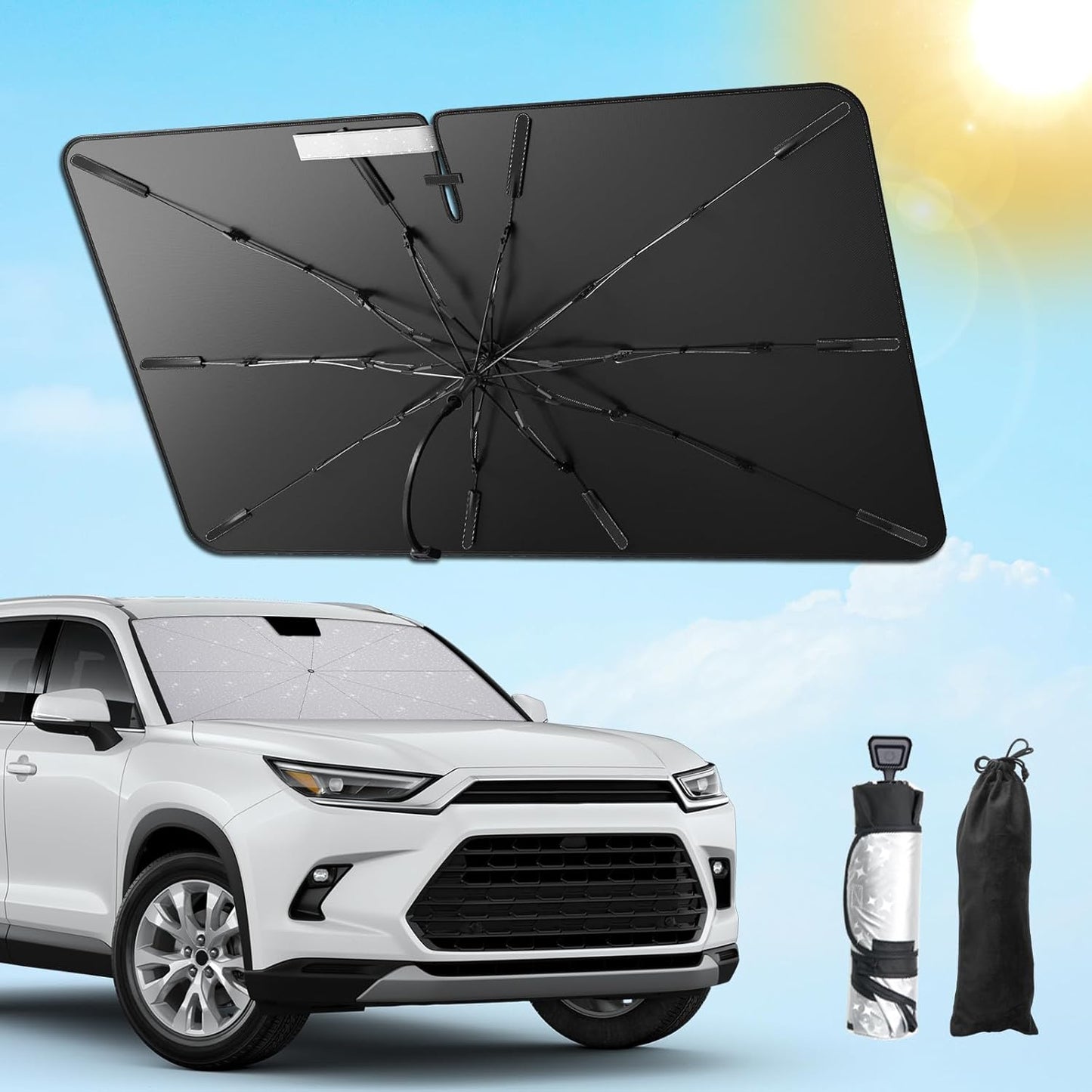 SXCY for 2024 2025 Toyota Grand Highlander Windshield Umbrella Sunshade [Easier Foldable] 2025 Grand Highlander Accessories Sunshade Umbrella for 2025 Grand Highlander Windshield Umbrella Sun Shade