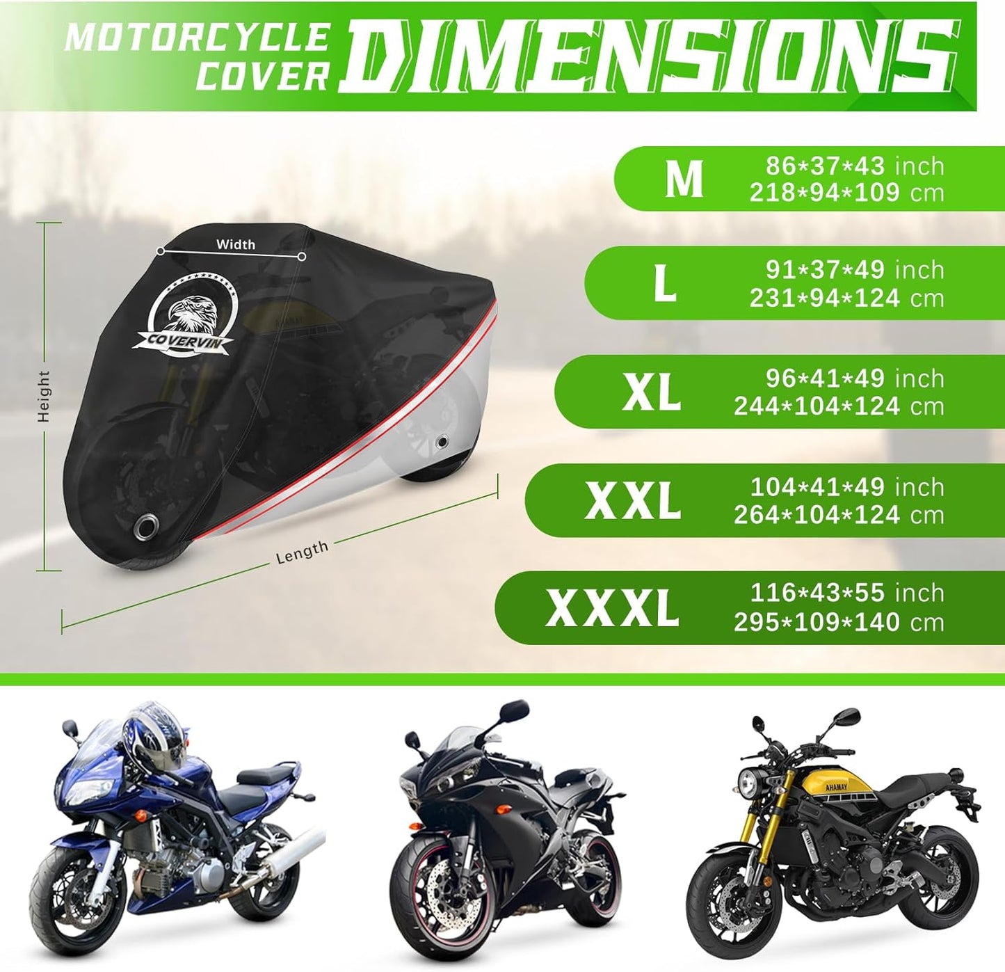 COVERVIN Motorcycle Cover, All Weather Outdoor Waterproof Night Protection with Reflective Strips, Locking Holes and Storage Bag for 104 Inch Suzuki, Kawasaki, Honda, Harley-Davidson(Silver XXL)