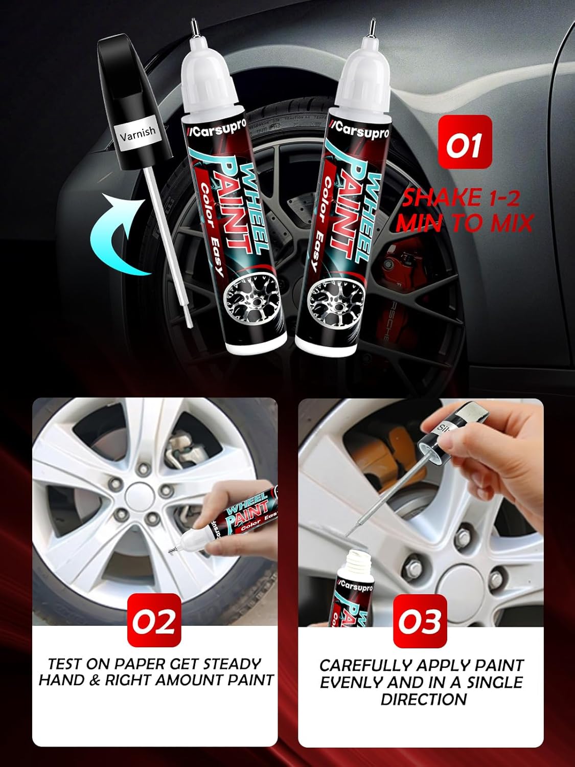 Black Rim Touch Up Paint. Wheel Scratch Repair Pen. Car Rim Paint Pen Quick And Easy Fix Rim Scratches,Rim Paint For Car Wheel Repair (2, Matte Black+Varnish)