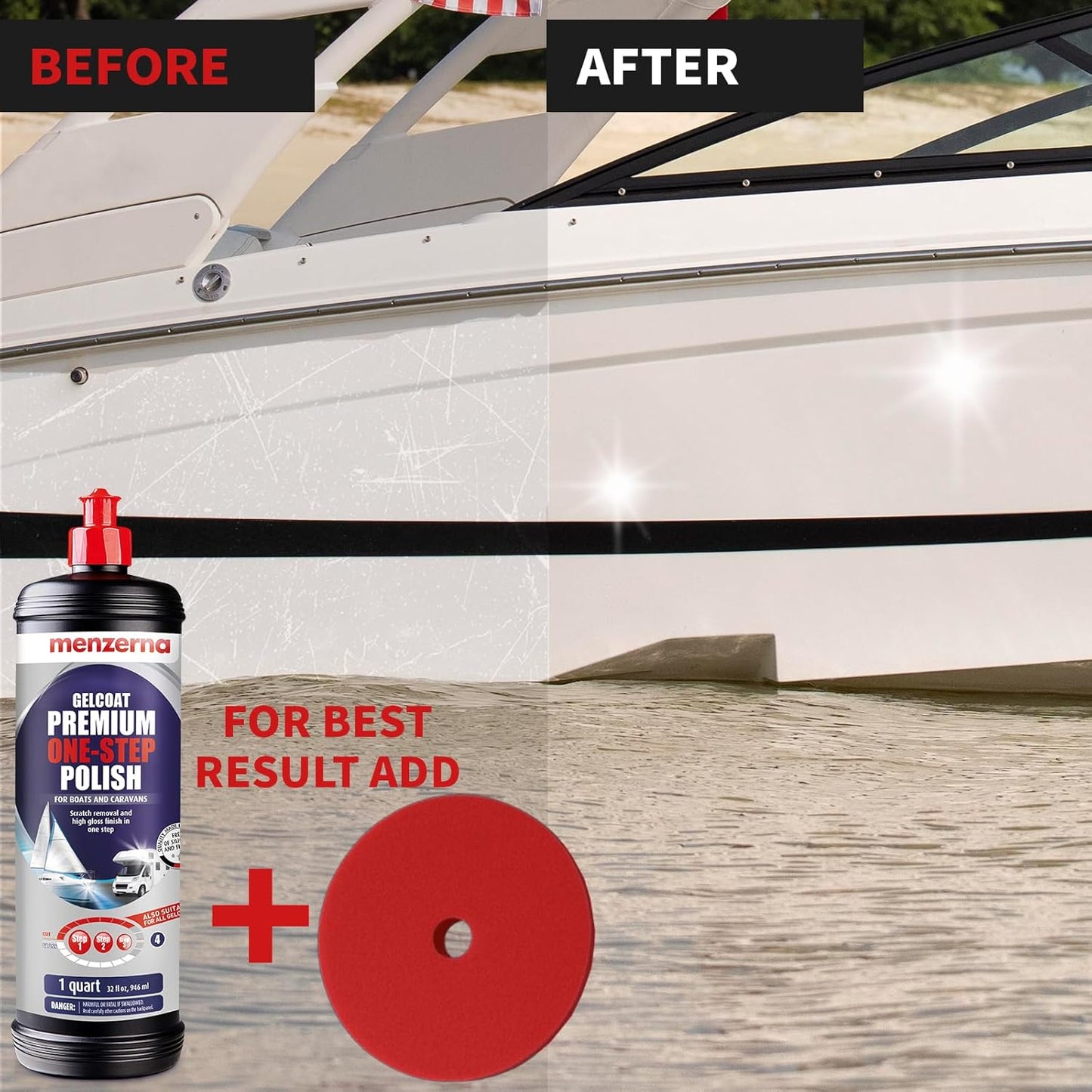 menzerna "Premium One Step Gelcoat Polish" 32oz I Marine Compound to Remove Scratches & to Provide a Glossy Finish I Boat Polish for Outstanding Brilliance I Heavy & Medium Cut + Finish All in one