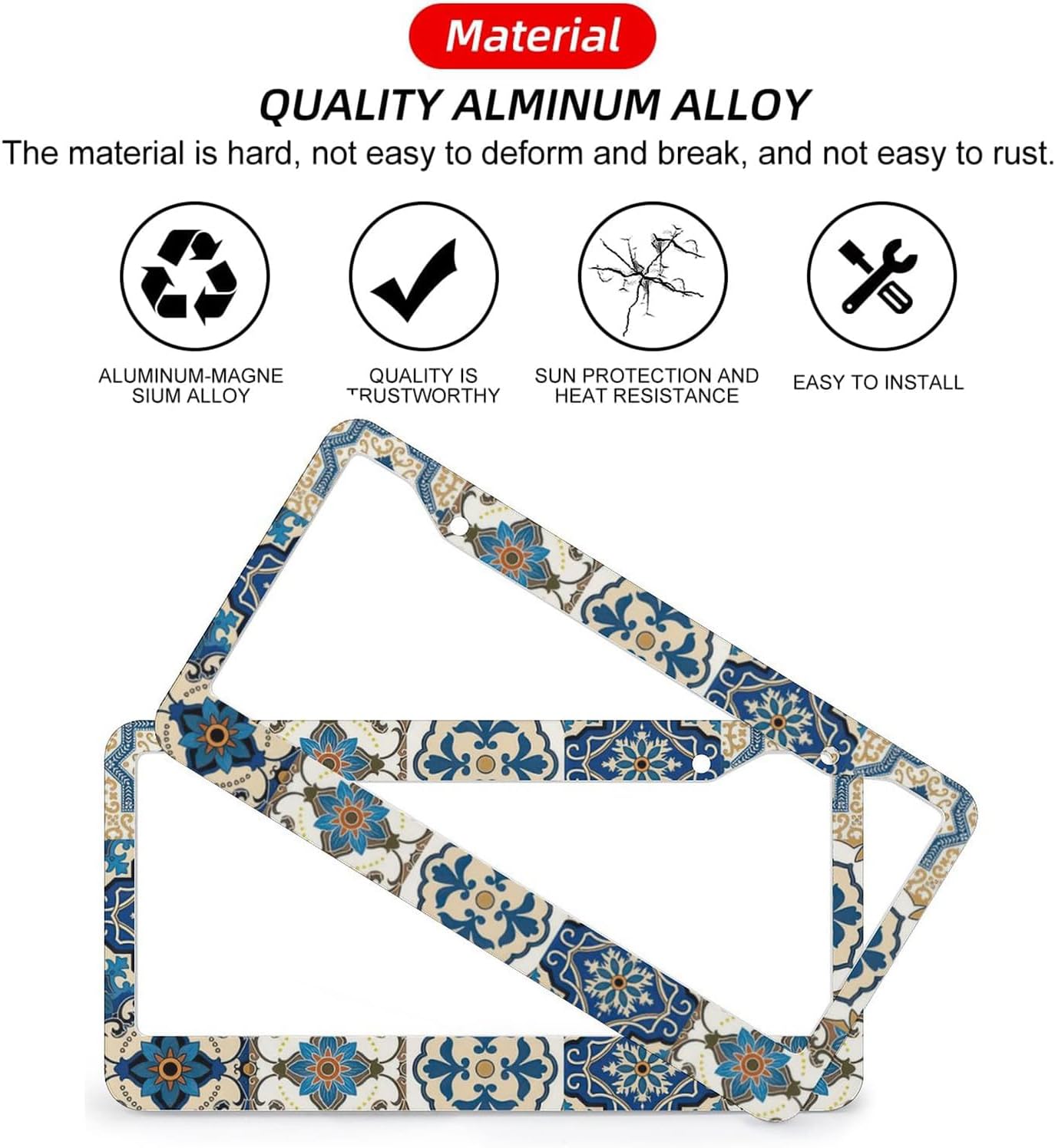 Boho Mexican Tile License Plate Frames - 2 Pcs Set 2 Holes Metal Aluminum Auto Car Accessories Decoration License Plate Frame 12.2 x 6.3 inch for Women Men Gift
