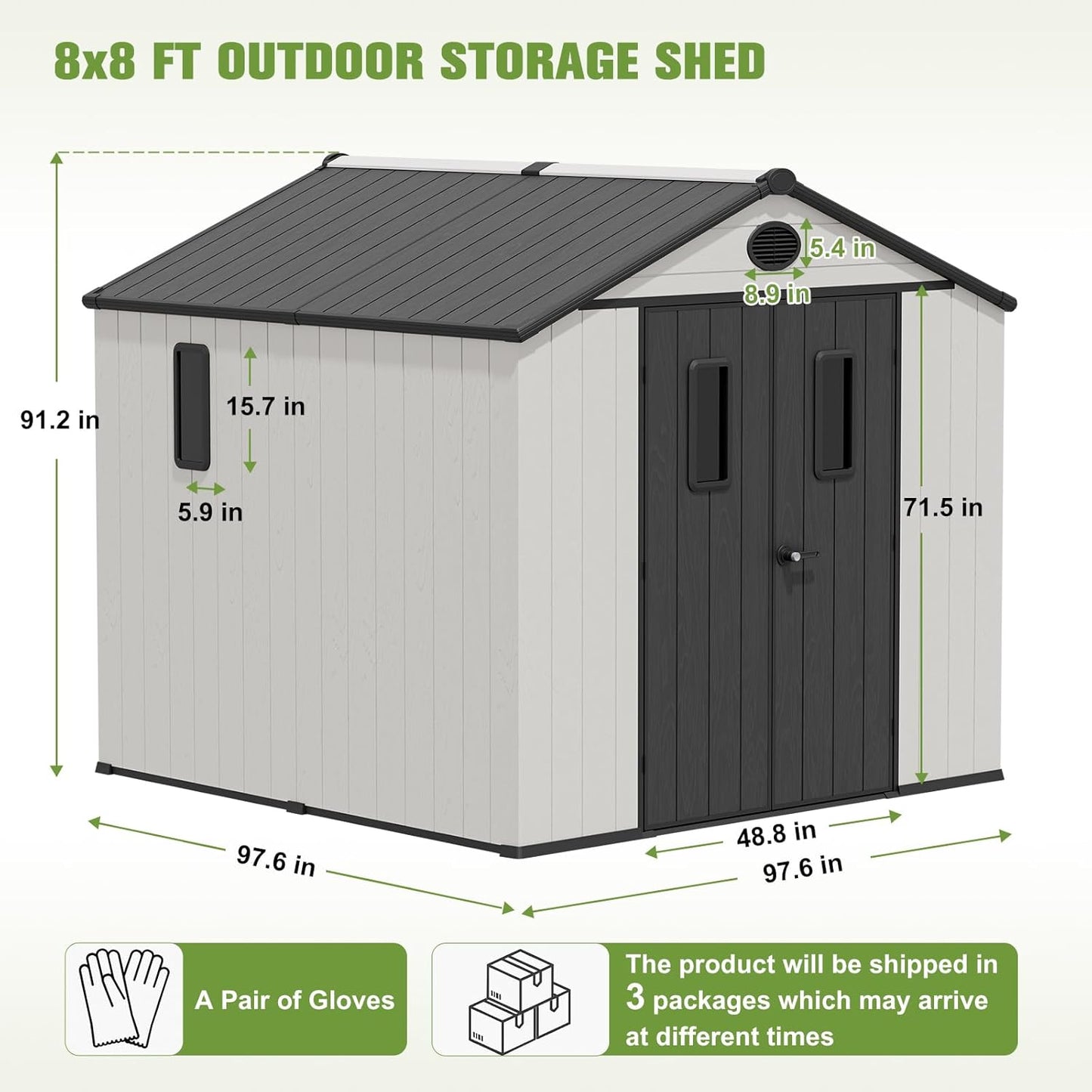 COOS BAY Resin Outdoor Storage Shed with Lockable Double Doors, Heavy-Duty Floor, All-Weather Garden Shed for Tools & Equipment, 8x8 ft, White/Gray