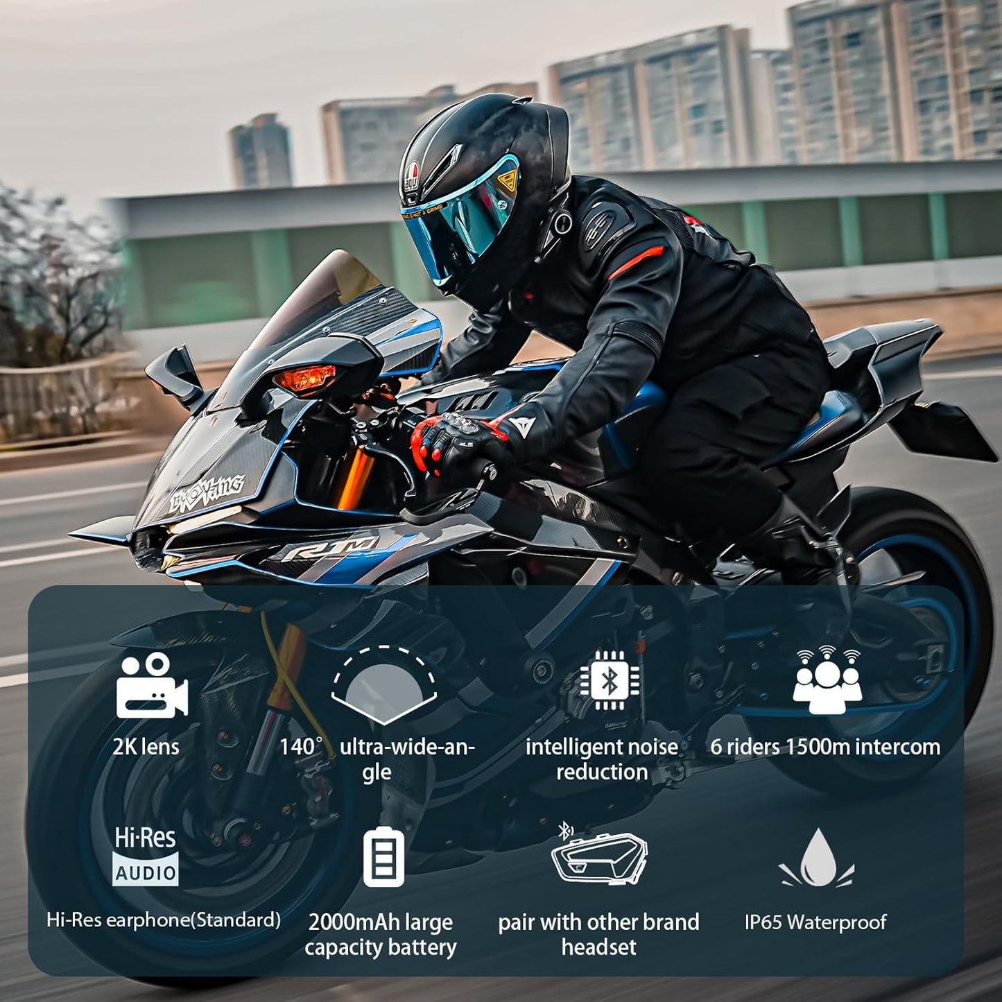 FreedConn R3 PRO Motorcycle Helmet Bluetooth Headset with Camera Recorder, Motorcycle Communication Systems, WiFi 2K 0.75mi/1200m 6 Riders Group Intercom, Built-in & External Mic System, 128G TF Card