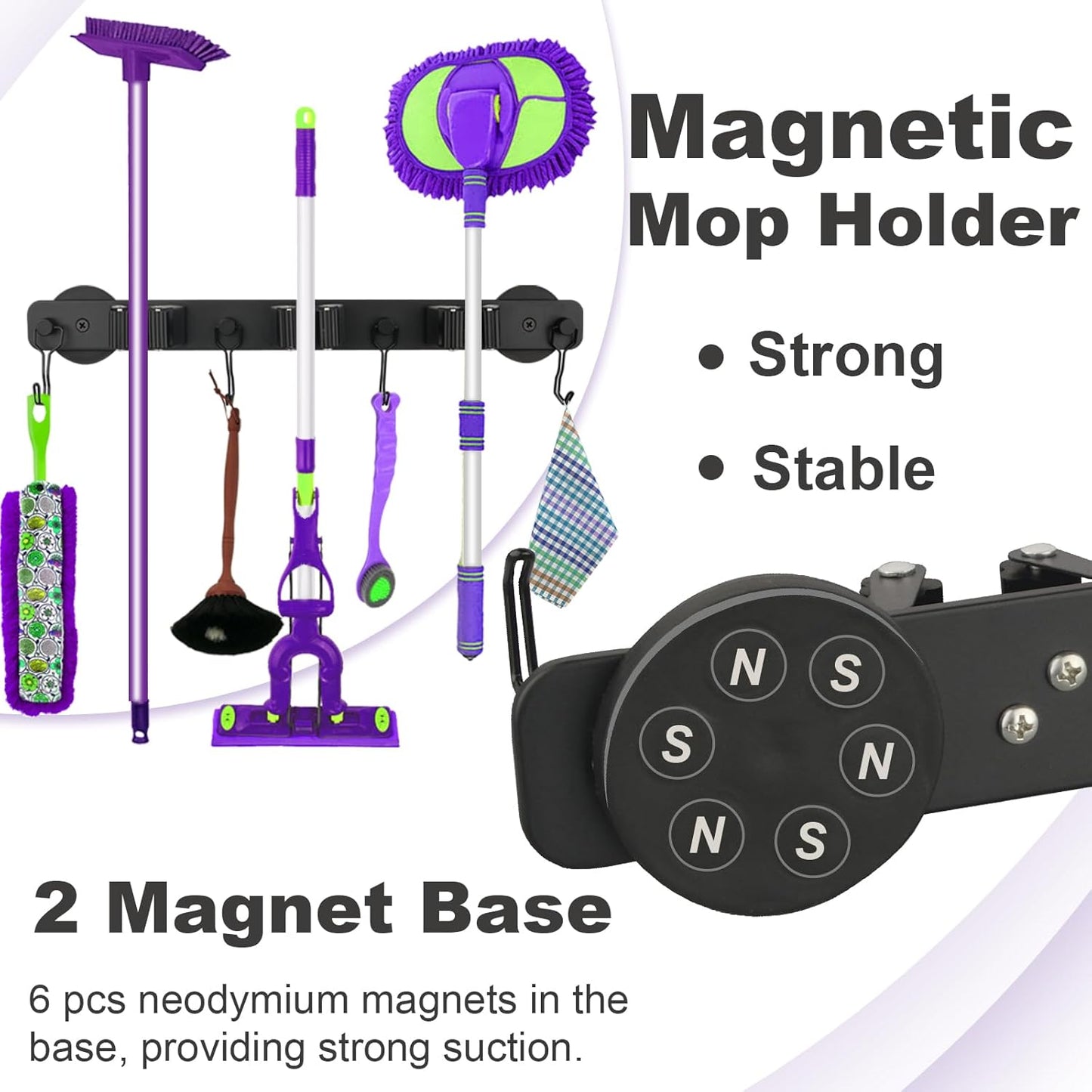 Magnetic Mop Broom Holder, Heavy Duty Magnetic Mop Hanger with Swivel Hooks for Cleaning Tools, Strong Magnet Mount Tool Hanger Organize System Utility Rack for Refrigerators Laundry Garage Kitchen