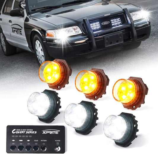Xprite White Amber LED Hideaway Strobe Lights Kit 20 Flashing Patterns w/Control Panel Headlights Taillights Fog Marker Light Mounting, for Construction Emergency Vehicles Trucks SUV Vans Cars 6 PCs