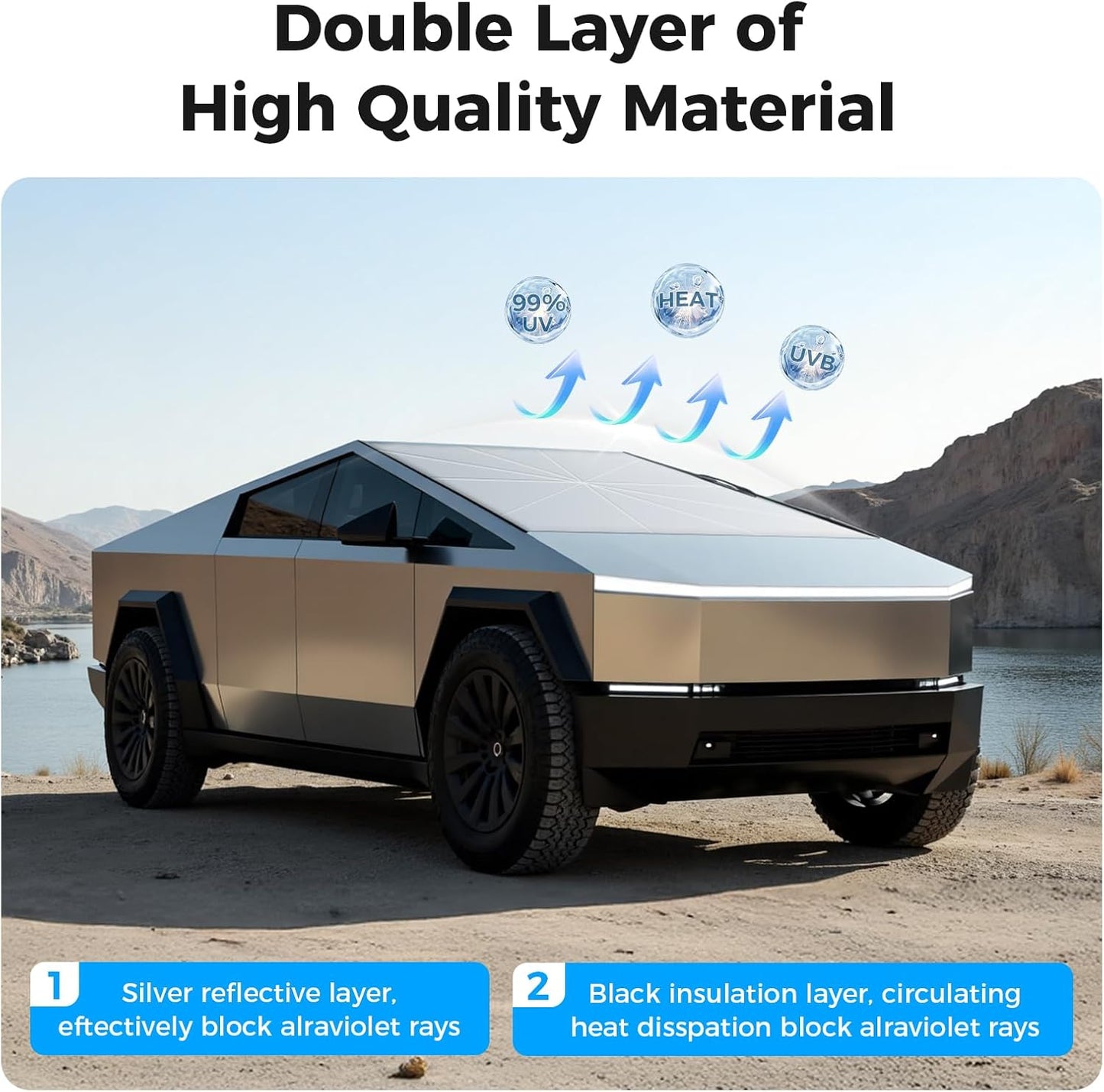 [2025 Upgrade] Cybertruck Windshield Sun Shade - Sunshade Umbrella for Tesla Cybertruck 2024 2025, Thickened Titanium Silver UV Block Coating, Front Window Heat Insulation Protection, 54''x 60''x 61''