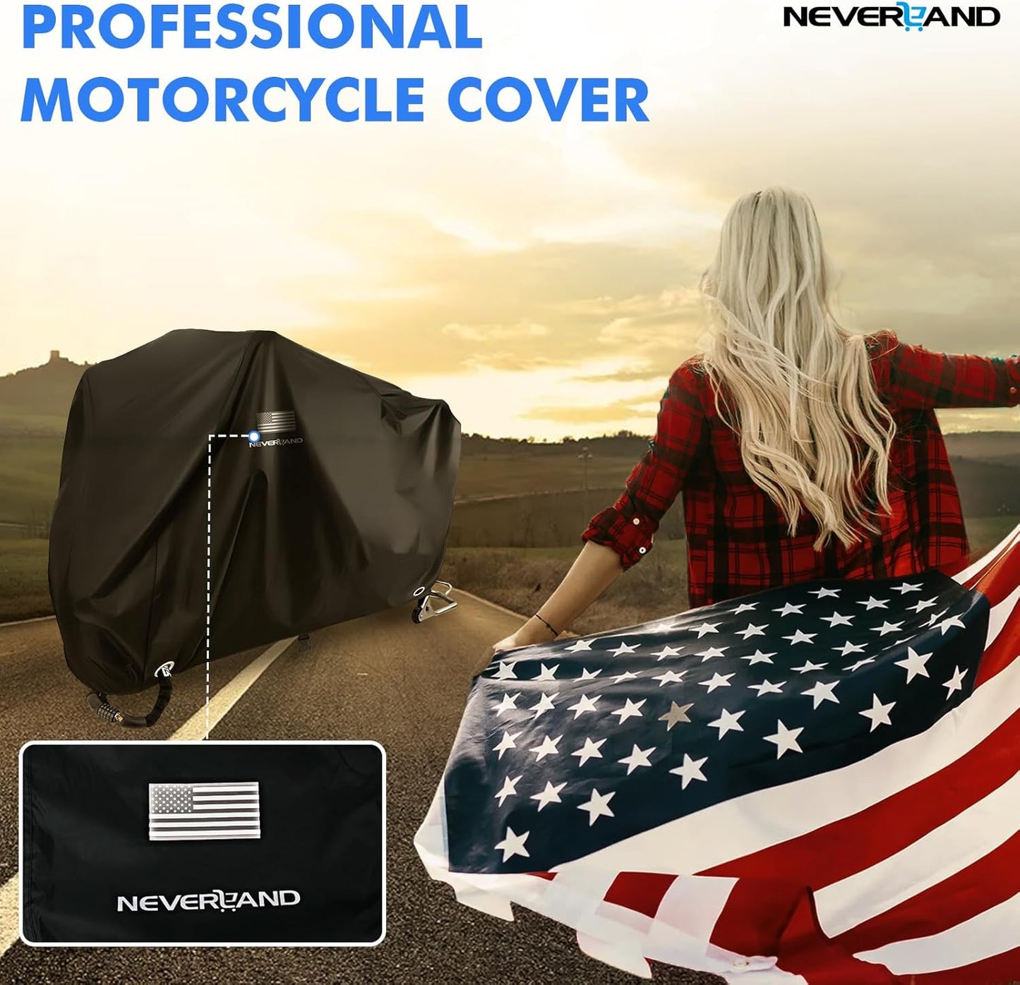 NEVERLAND Motorcycle Cover Waterproof Outdoor - Black Heavy Duty Scooter Cover, Motorbike Cover with Refletive Logo, Lock-Hole, Bandage, Storage Bag-Protect Against Dust, Debris, Rain and Weather(XL)