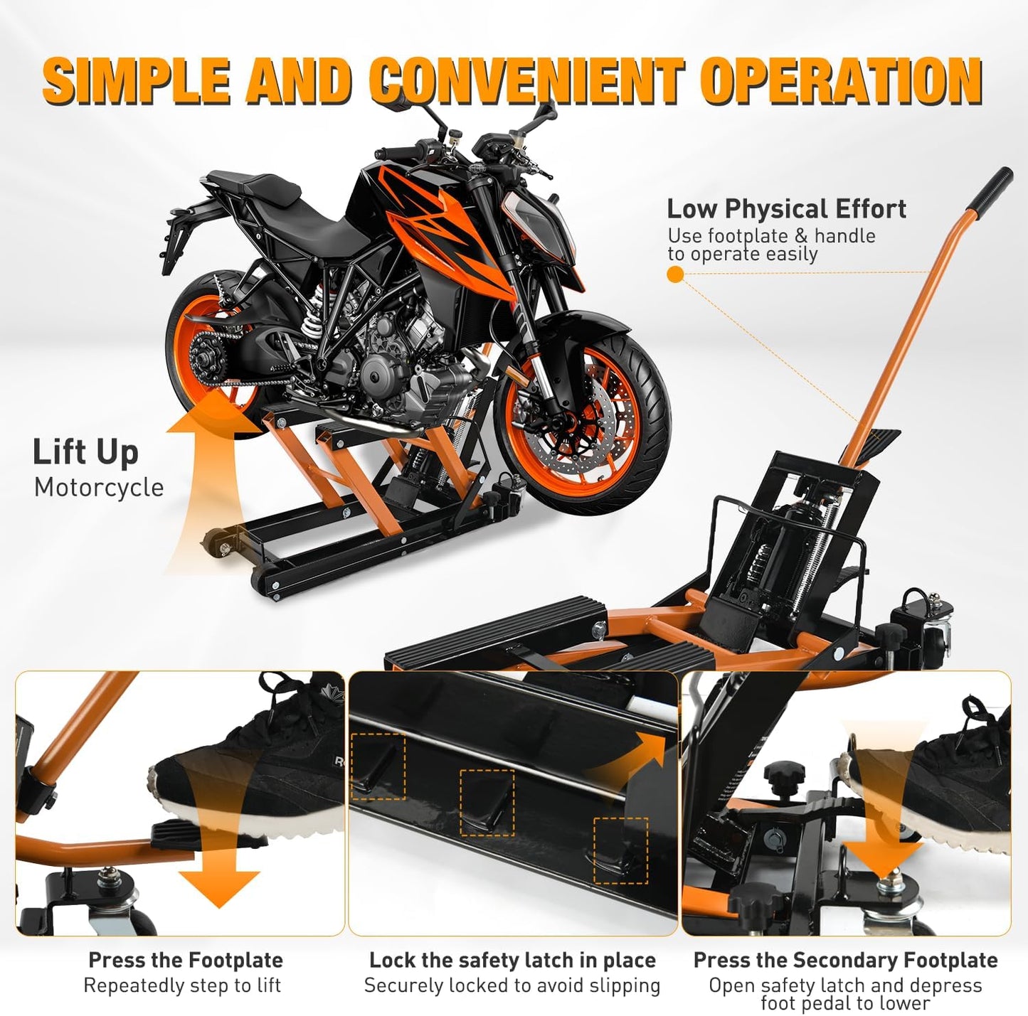 Nilight Motorcycle Lift Jack 1500 LBS Hydraulic Lifts ATV Scissor Jacks with Wheel Foot Pedal Handle Ratchet Belt Heavy Duty Lifter Stand Hoist Table for Dirt Bike Garage Storage Repair Tool,Orange