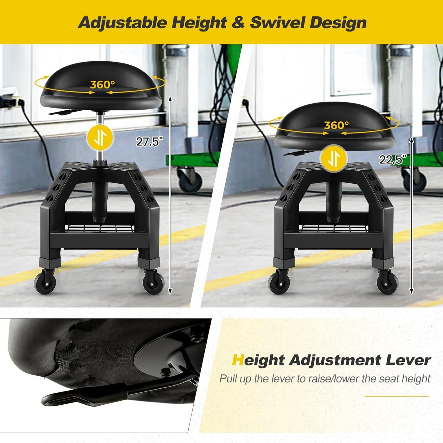Goplus Rolling Garage Stool, 22.5”-27.5” Adjustable Mechanic Chair with Padded Seat, 330LBS Capacity, Tool Tray, Heavy Duty Creeper Seat, 360° Swivel Shop Stool for Workshop