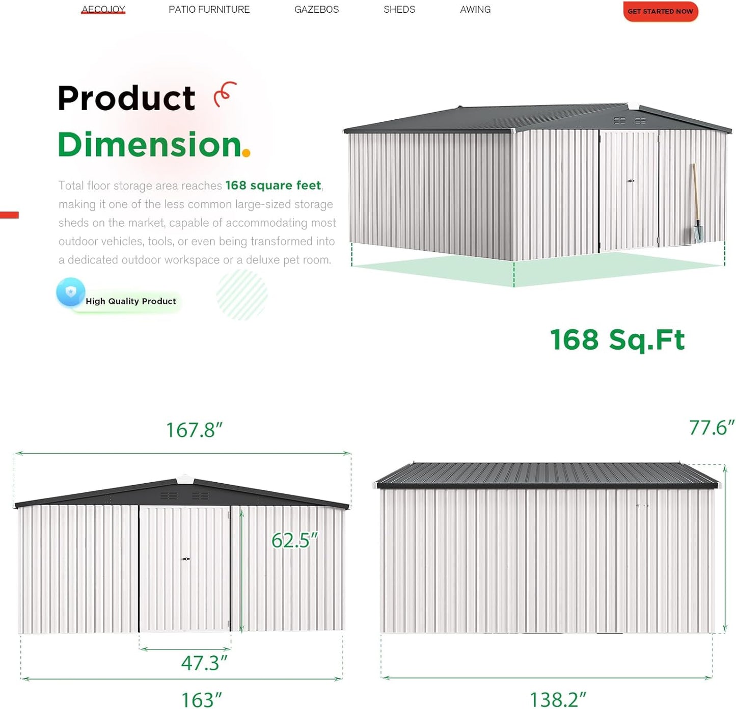AECOJOY 14' x 12' Outdoor Storage Shed, Large 12x14 Metal Sheds & Outdoor Storage Clearance Steel Yard Shed with Lockable Doors, Utility Tool Storage Garden Shed for Backyard, Patio and Outside use