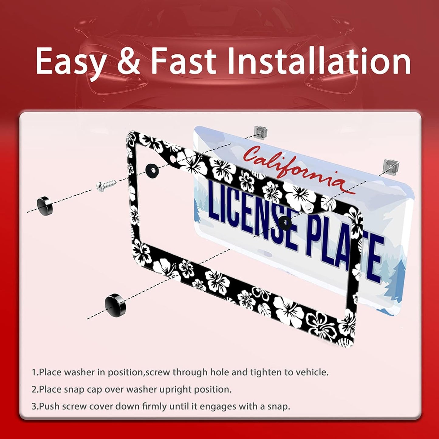 【2Pcs】 White Hibiscus Hawaii License Plate Frames Round Hole Personalise License Plate Frame Car Universal Accessories Stainless Steels Cars Decor Fits Standard US Vehicles Size: 12.2 x 6 Inches