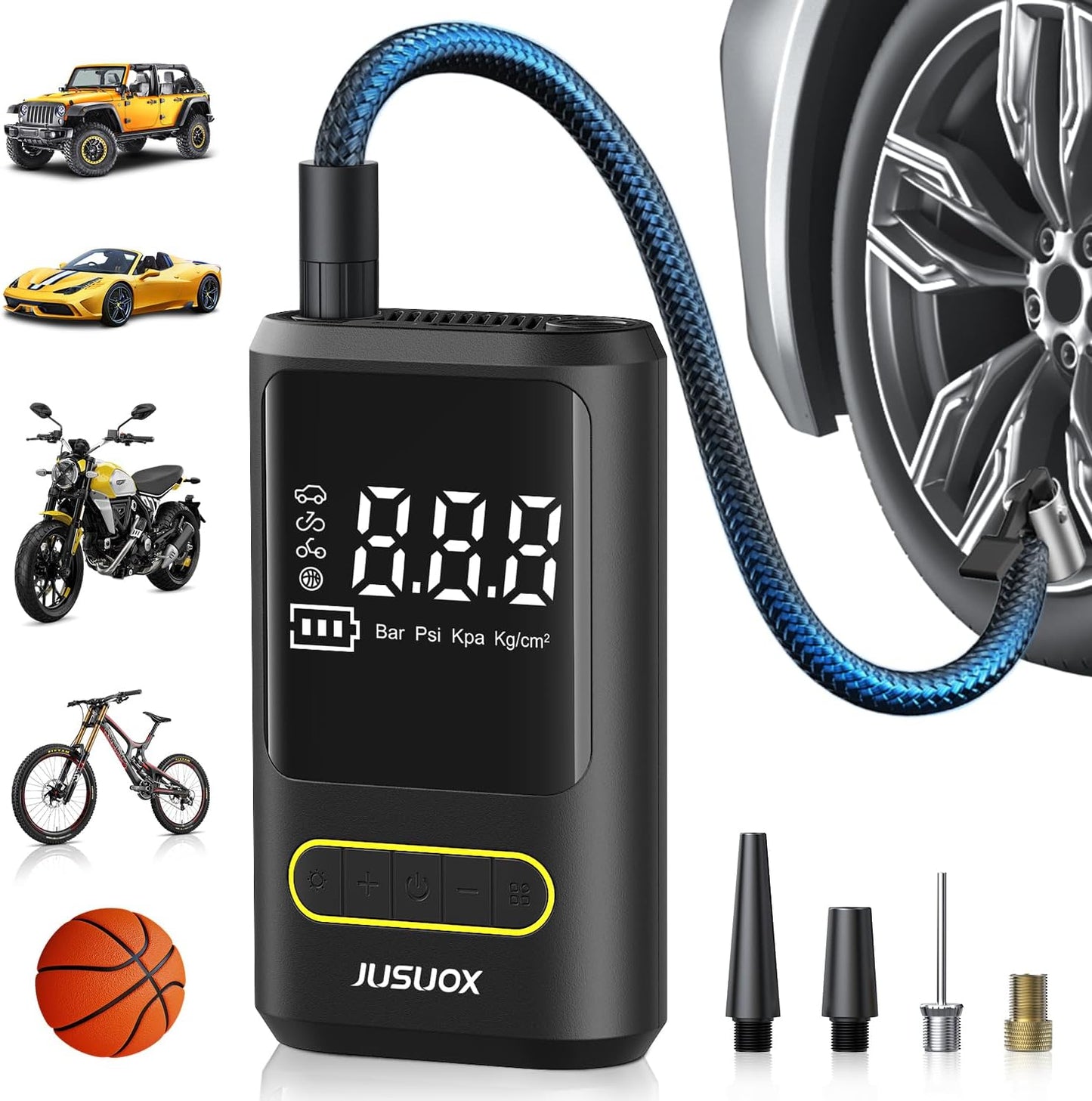 Tire Inflator Portable Air Compressor, Electric Bike Pump with Digital Pressure Gauge, 150 PSI Cordless Air Pump for Car Tires, Motorcycle, Bicycle, Ball with Auto Shutoff, LED Light