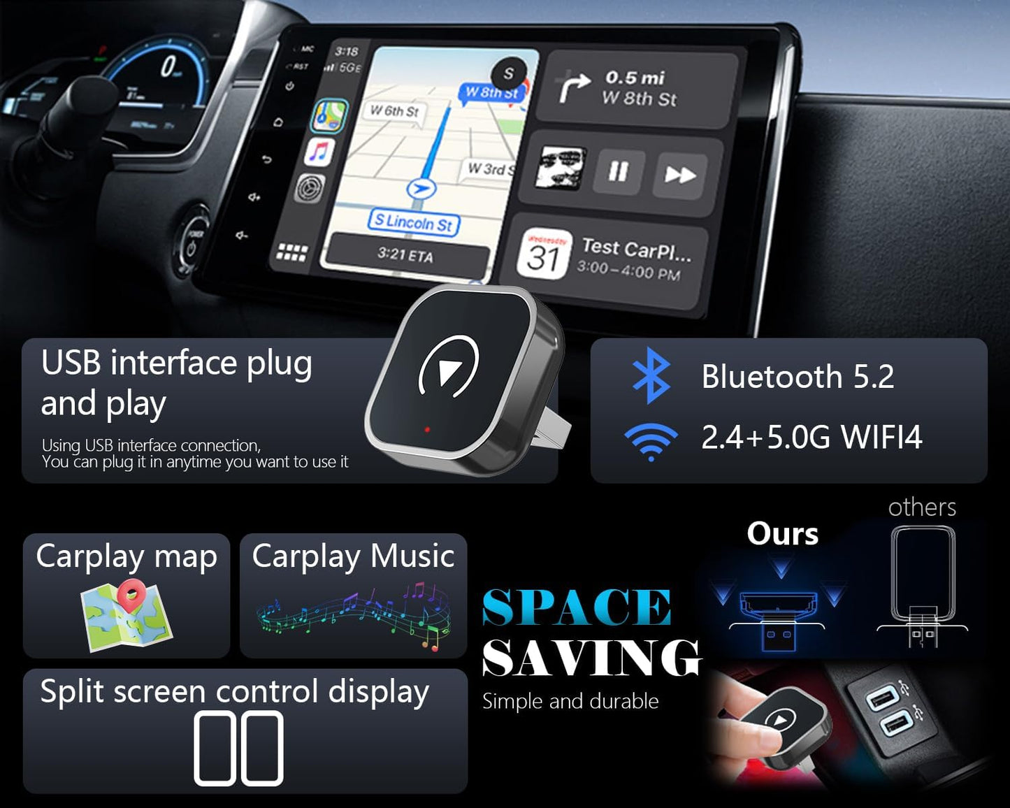 2025 Wireless CarPlay Adapter – Convert Wired to Wireless CarPlay, Mini USB Design, Plug Play for iPhone-Android, Fast Stable Connection, Compatible with Built-in CarPlay Cars