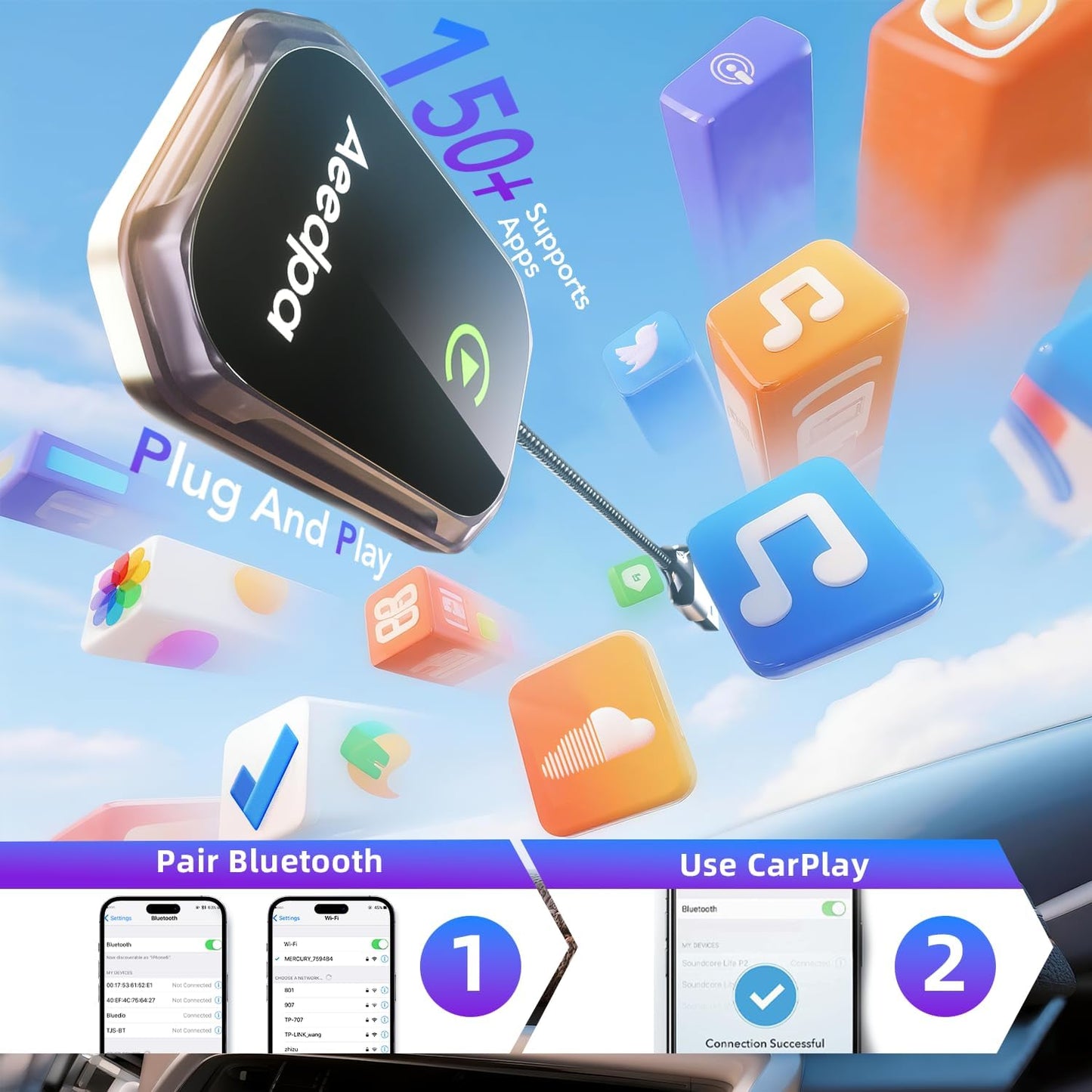 Mini Wireless CarPlay Adapter for iPhone - Convert Wired to Wireless | Bluetooth 5.3 | Plug & Play | iOS 10+ Car Systems 2015+ (for Factory CarPlay)