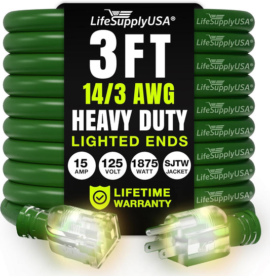 3ft Outdoor/Indoor Extension Cord 14/3 Gauge Heavy Duty 3 Prong SJTW, Waterproof, Flexible Cold-Resistant Long Power Cord,15A 125V 1875W, Green by LifeSupplyUSA