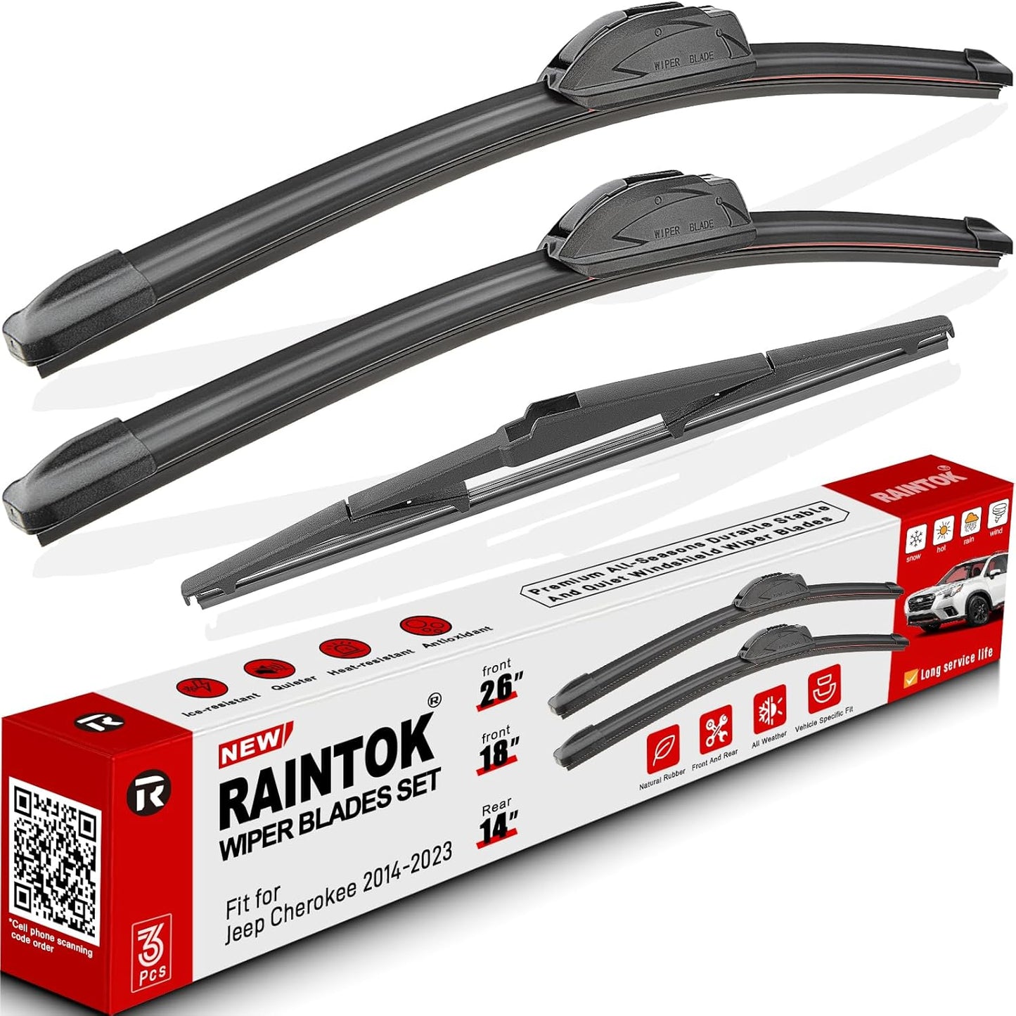 Windshield Wiper Blades Replacement for 2014-2023 Jeep Cherokee Original Factory Quality Front Rear Wipers Blade Set for My Car - 26" 18" 14" (Pack of 3)
