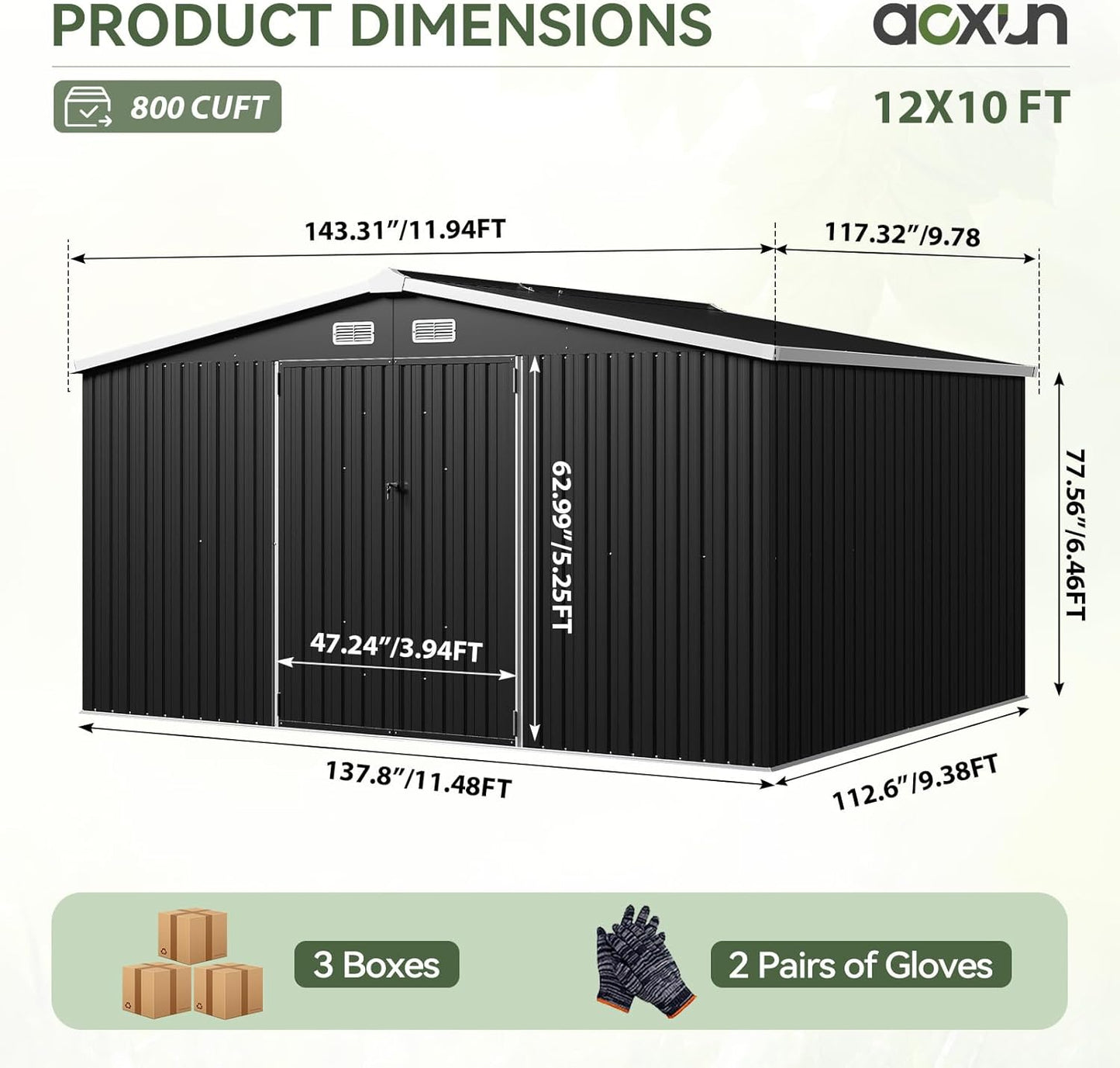 Aoxun 12x10 FT Shed Metal Outdoor Waterproof Storage Shed Steel Utility Garden Tool Shed with Door & Lock Outdoor Storage for Garden Patio Lawn Poolside, Black