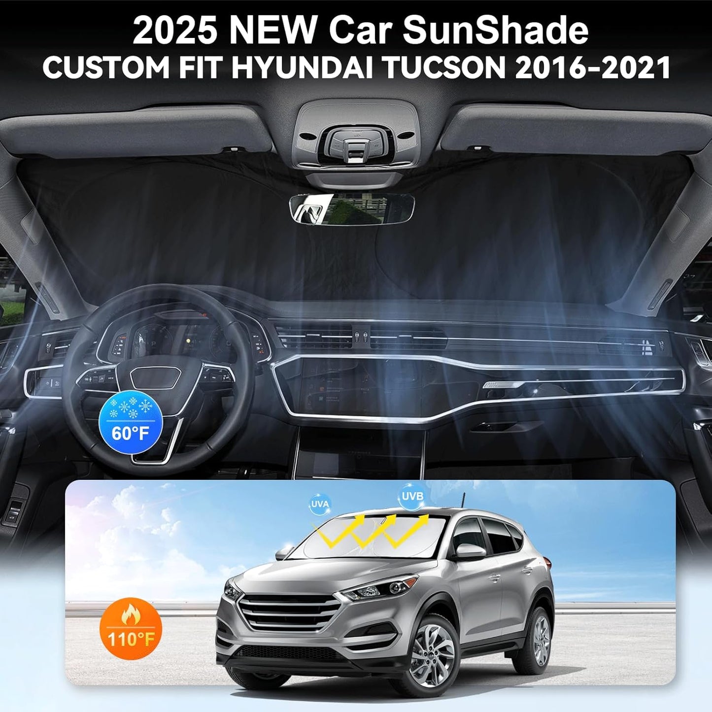 Custom Fit Tucson Windshield Sunshade for Hyundai Tucson 2016 2017 2018 2019 2020 2021 Front Window Shades Cover for Windshield Sun Visor Protector 210T Reflector Blocks UV Rays Cooler Car Accessories