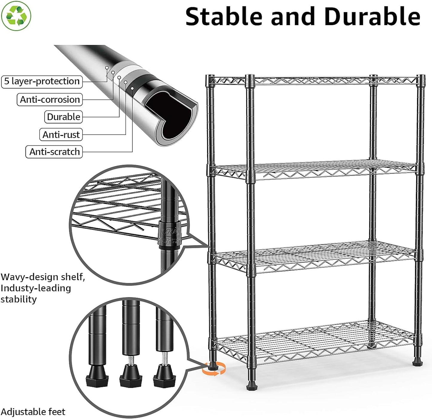 1000 lbs Storage Shelving Steel Heavy Duty 4-Tier Utility Shelving Unit Steel Organizer Wire Rack for Home,Kitchen,Office,Black (13.7" D x 23.6" W x 53.4" H)