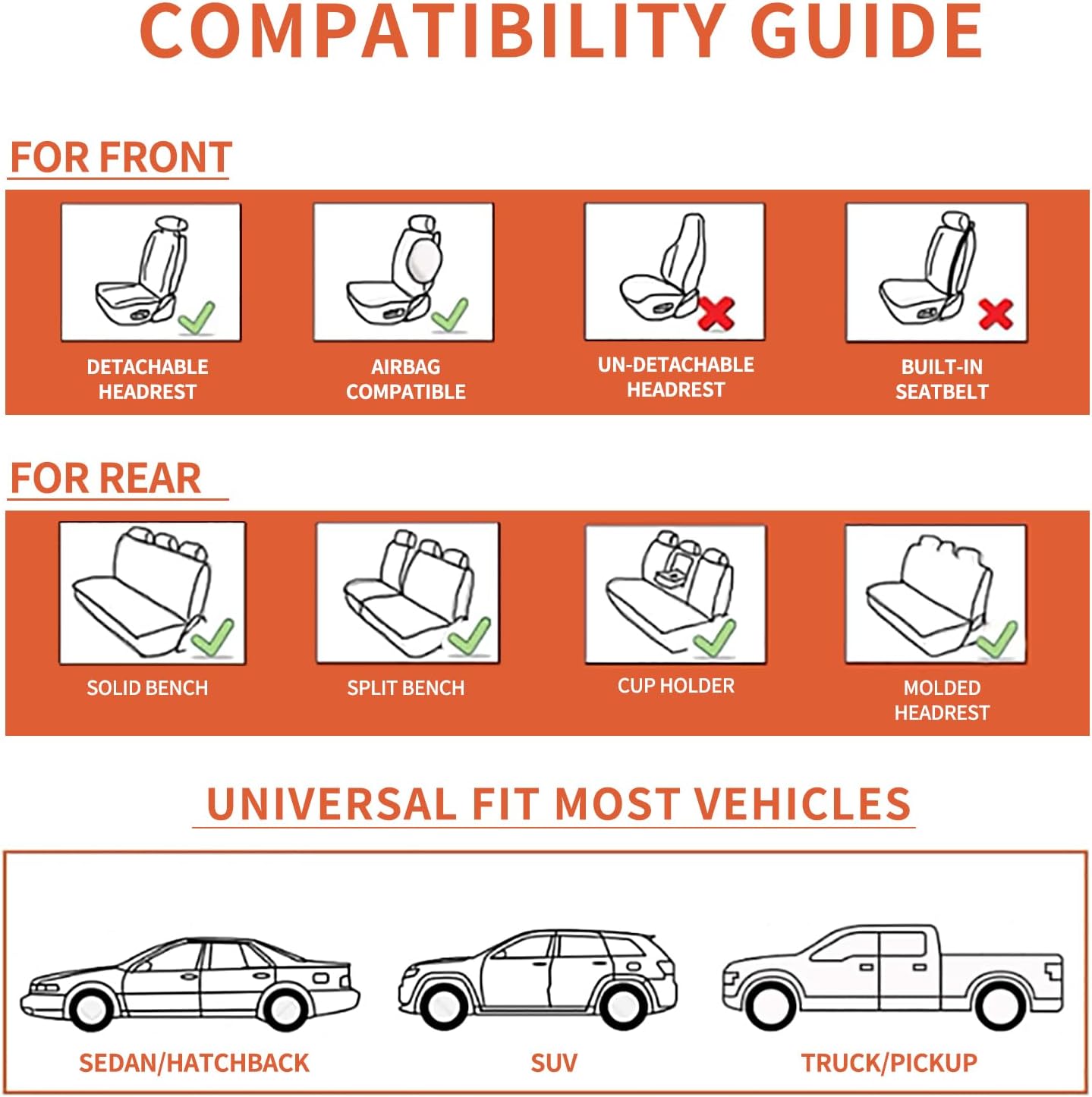 Car Seat Covers Full Set, Leather Seat Covers for Cars, Car Seat Protector Waterproof, Non-Slip Car Interior Covers Fit for Most Cars, SUV, Vans, Trucks,2Seats,Full Set,Black-White