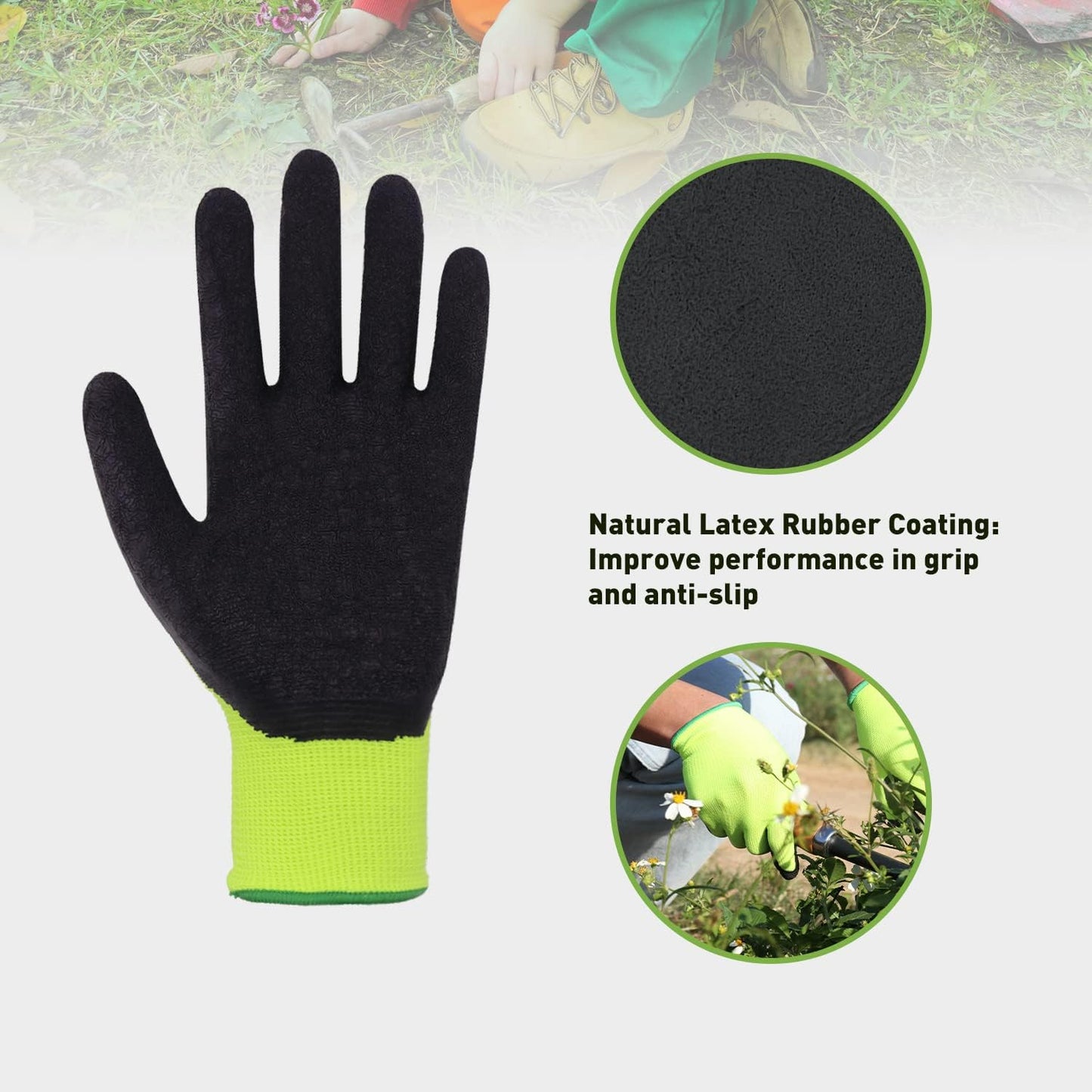 HANDLANDY 3 Pairs Kids Gardening Gloves Latex Free, Nitrile Coated Children Toddler Garden Yard Work Gloves for Little Girls Boys (Size L, Black-Green)