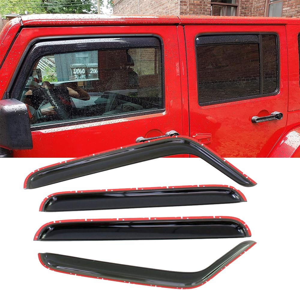 194249 Side Window Wind Deflector,4pcs in-Channel Style Nice Sun Rain Guards Set,Dark Smoke Window Visor Compatible with 2007-2018 Jeep Wrangler 4-Door (JK)