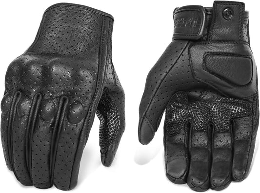 Updated Goatskin Leather Motorcycle Gloves Men Touchscreen Anti-Slip Motorbike Riding Gloves for Men (Updated,Perforated, L)
