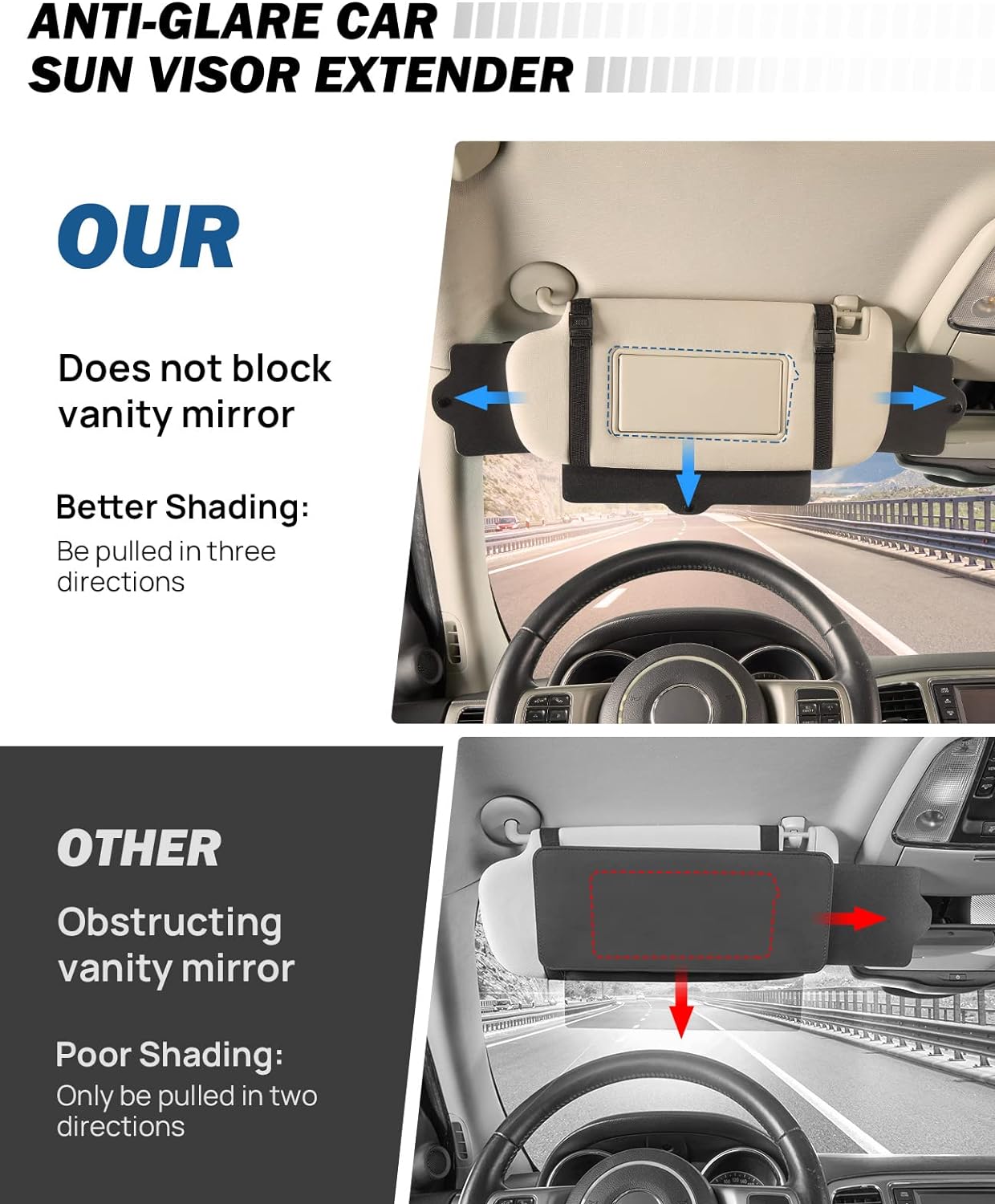 JoyTutus Car Sun Visor Sunshade Extender, Adjustable Sun Visor Protects from Anti-Glare, UV Rays Blocker Window Windshield Sunshade Extender for Car SUV