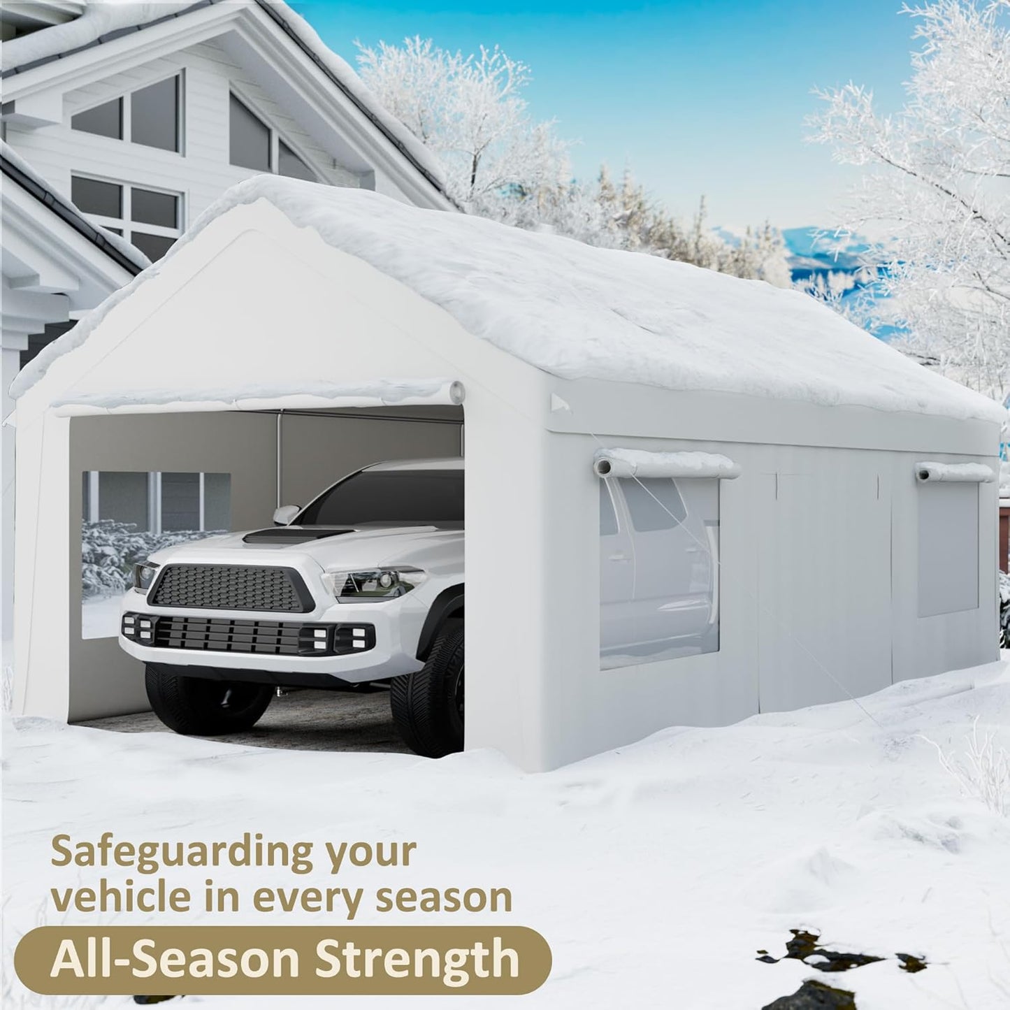 Carport 12' x 20' Heavy Duty Portable Garage, Carport Canopy with Side-Opening Door & Roll-Up Windows, Car Canopy Reinforced Four-Hole Base for Car, Truck, Boat, Party, White