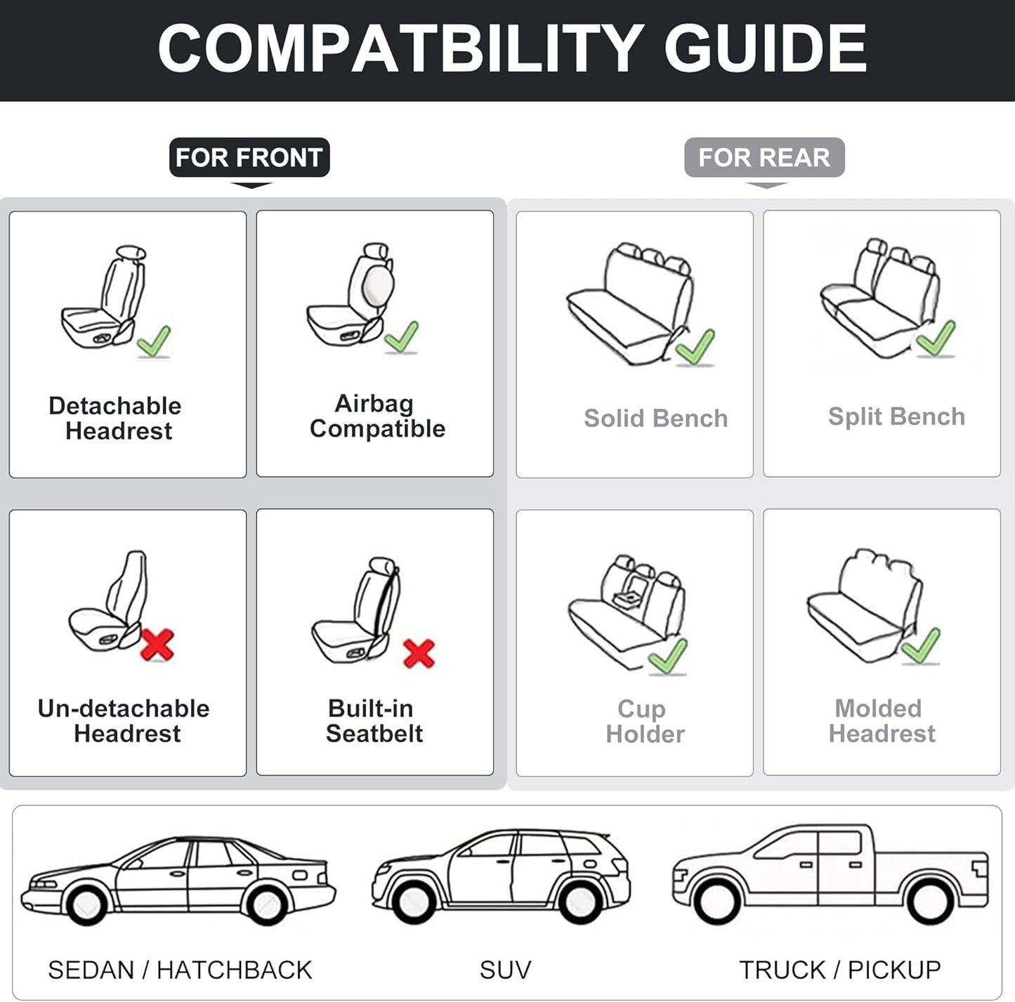 Front Seat Covers, 2 Pieces Universal Seat Covers for Cars, Waterproof Leather Auto Seat Protectors with Head Pillow, Car Seat Cushions Fit for Most Sedans SUV Pick-up Truck, Gray