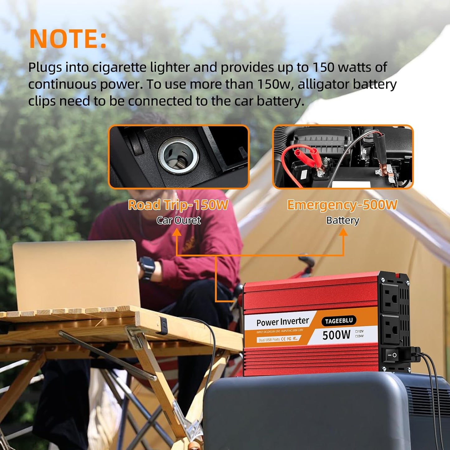 500W Power Inverter DC 12V to 110V/120V AC Car Inverter with 2 x 3.0A USB Ports and Dual AC Outlet, Equipped with 1 Cigarette Lighter and 2 Battery Clamps for Road Trip and Camping