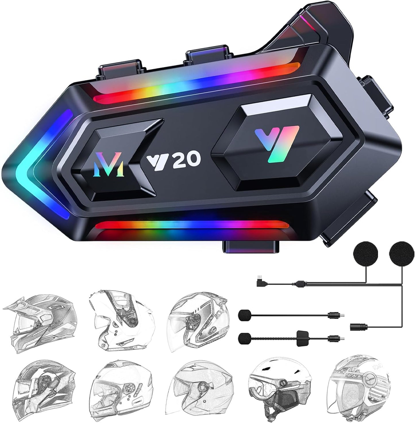 FEYA Motorcycle Helmet Speakers with 16-Types RGB Dazzling Lights High Battery Life Motorcycle Headphones Dual Noise Reduction/Automatic Answer/Call Music Control/Wake up Siri/IPX6