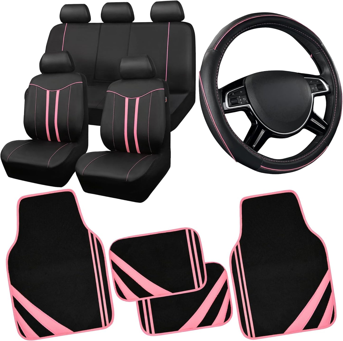 CAR PASS Car Seat Covers Full Set for Women Girls with Waterproof Car Floor Mats,Anti-Slip Leather Steering Wheel Cover,Universal Fit for SUVs,Vans,Trucks,Sedans,Cars (Combo Set,Black & Pink)