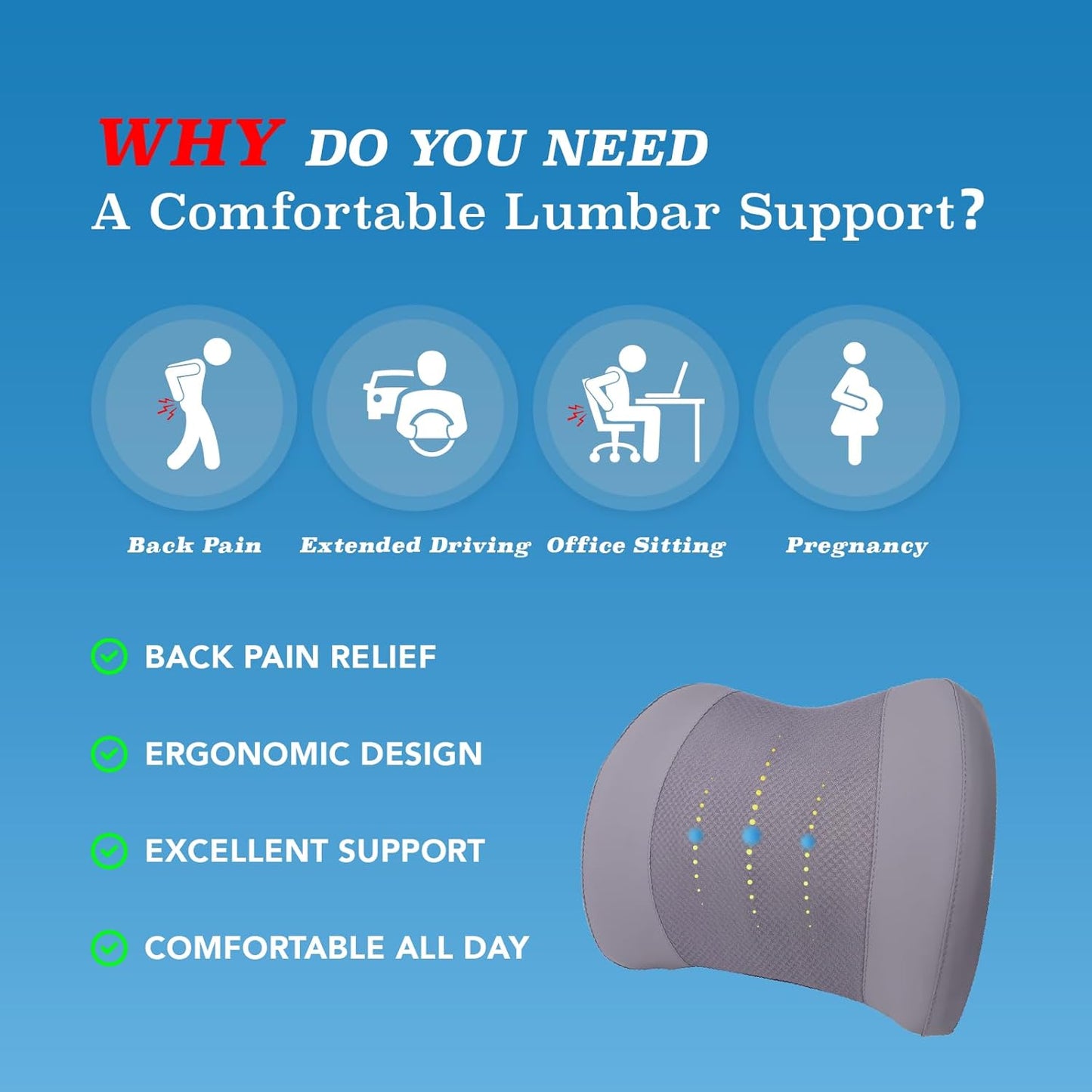 Lumbar Support Pillow for Car, Memory Foam Lumbar Pillow for Lower Back Pain Relief - Back Cushion for Driving, Chair Support for Car-Office Chair, Wheelchair - Gray