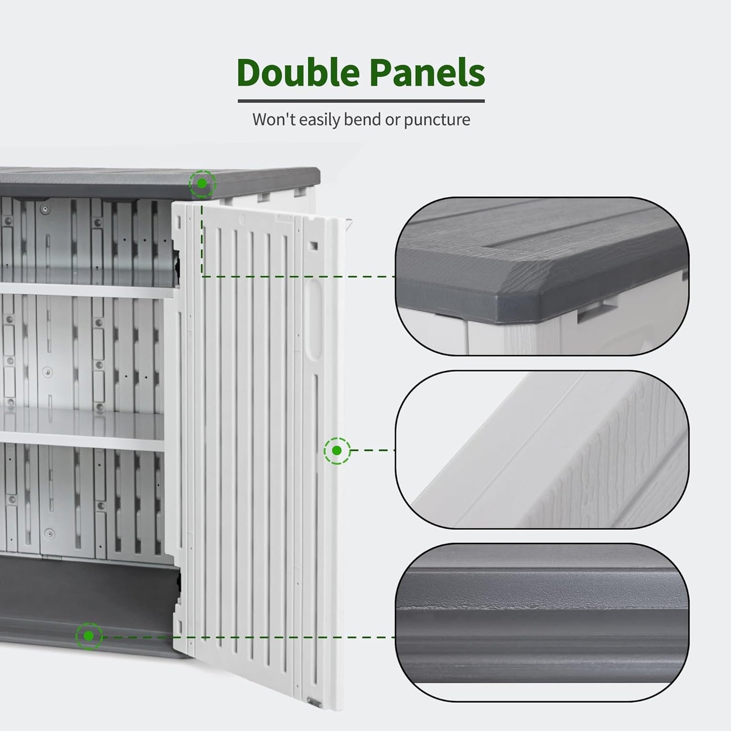 Macrout 25 Cu.Ft Small Plastic Outdoor Storage Cabinet with Shelves, 4.3 x 2.5 ft Waterproof Resin Outdoor Storage Shed with Floor, Lockable Horizontal Shed for Garden and Patio