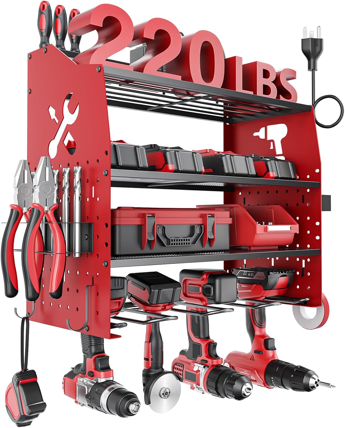 𝟐𝟎𝟐𝟓 𝐔𝐩𝐠𝐫𝐚𝐝𝐞𝐝 Power Tool Organizer Wall Mount with Charging Station [5-Layer Loads 220lbs Heavy Duty] Metal Tool Storage Rack Drill Holder,Battery Utility Rack Loads with 6 Power Strip