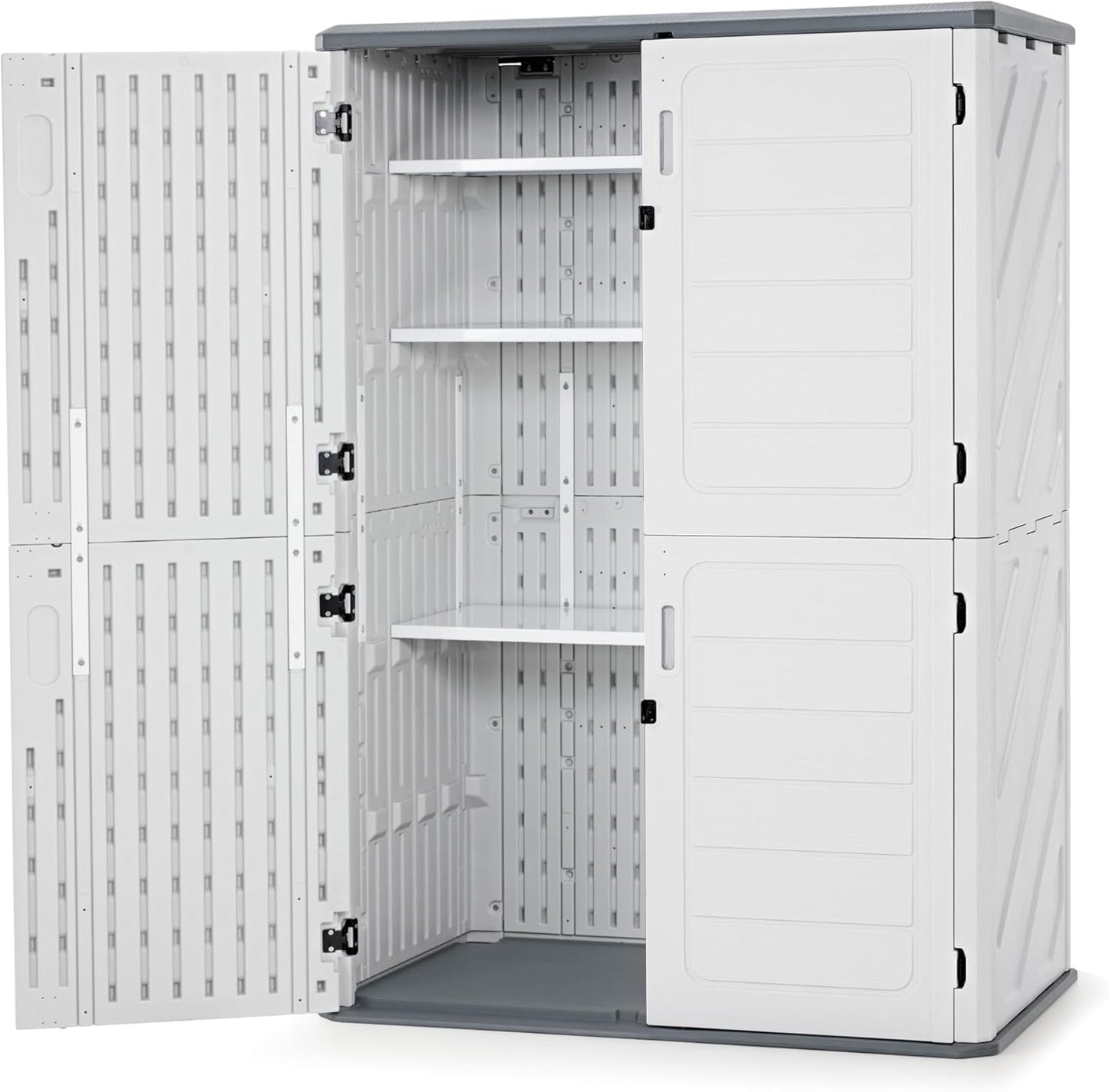 Macrout 50 Cu.Ft Plastic Outdoor Storage Cabinet with Shelves, 4.3 x 2.5 ft Waterproof Resin Outdoor Storage Shed with Floor, Lockable Vertical Shed for Garden and Patio