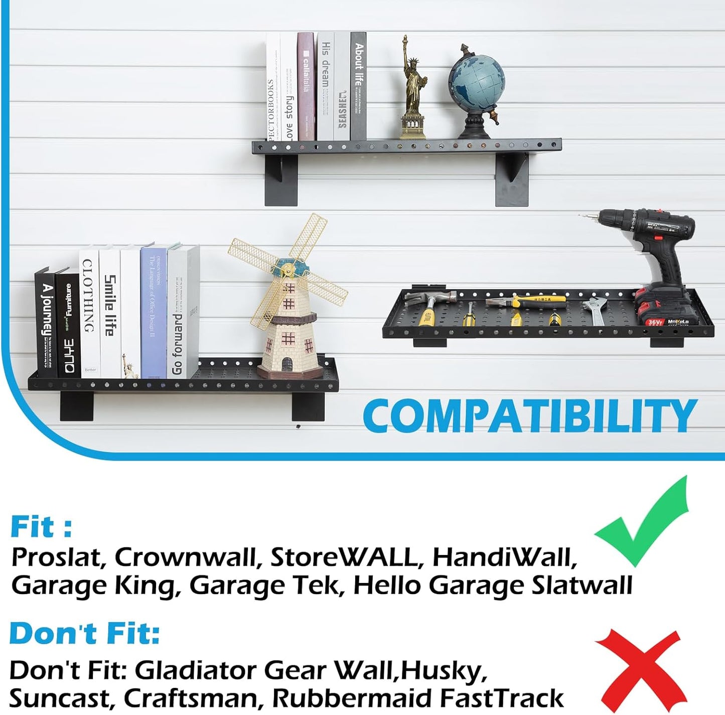 Slatwall Shelves 24 Inch, Slatwall Accessories for Retail, Garage, Home Storage, Heavy Duty Slat Wall Hanging Shelf (2, Black)