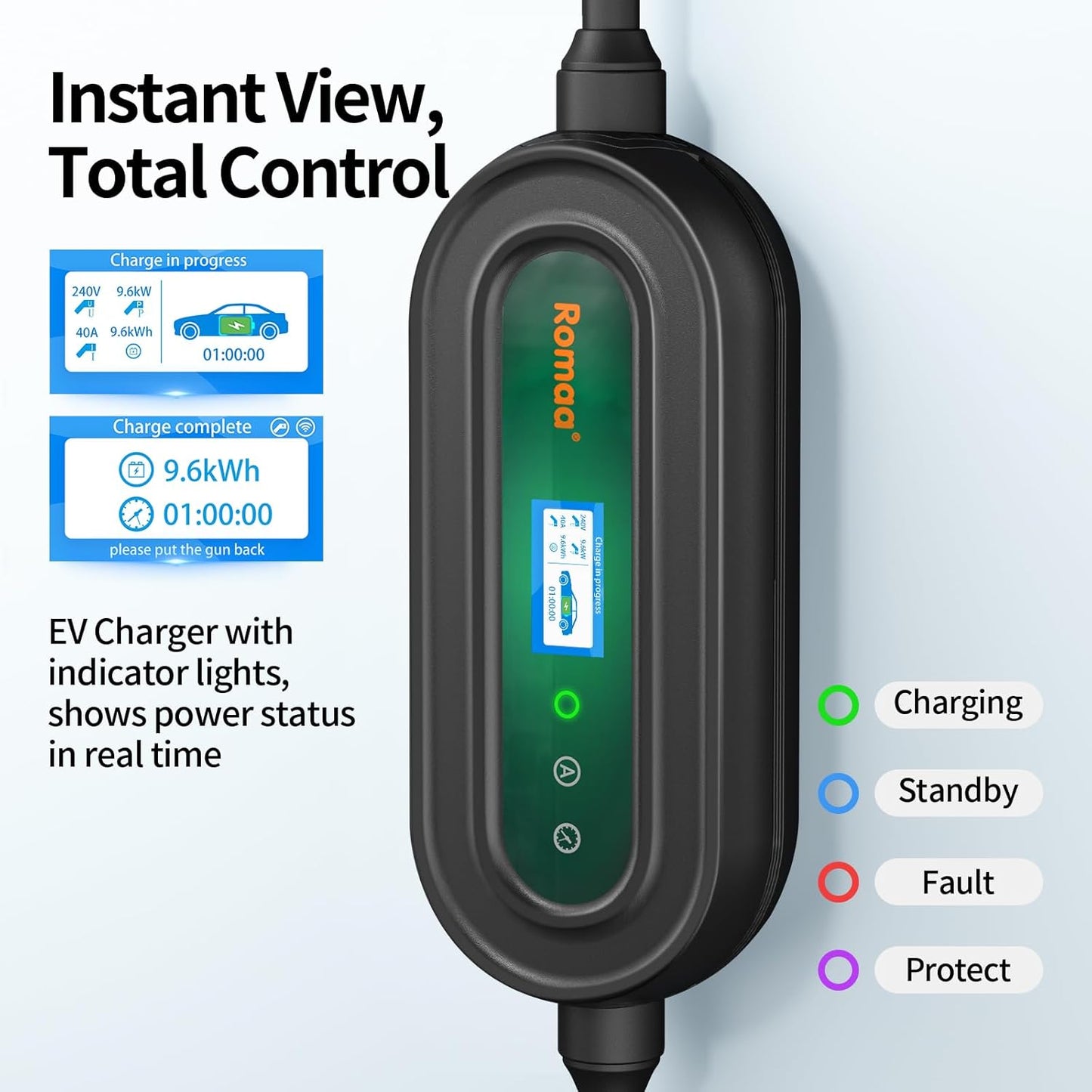 Romaa Level 2 EV Charger Portable Level 2 with 40A, 240V, NEMA 14-50, 25ft Cable, J1772 Charger, Adjustable Current, Delay Timer, EV Chargers for Home Level 2, App Control, FCC & ETL Certified