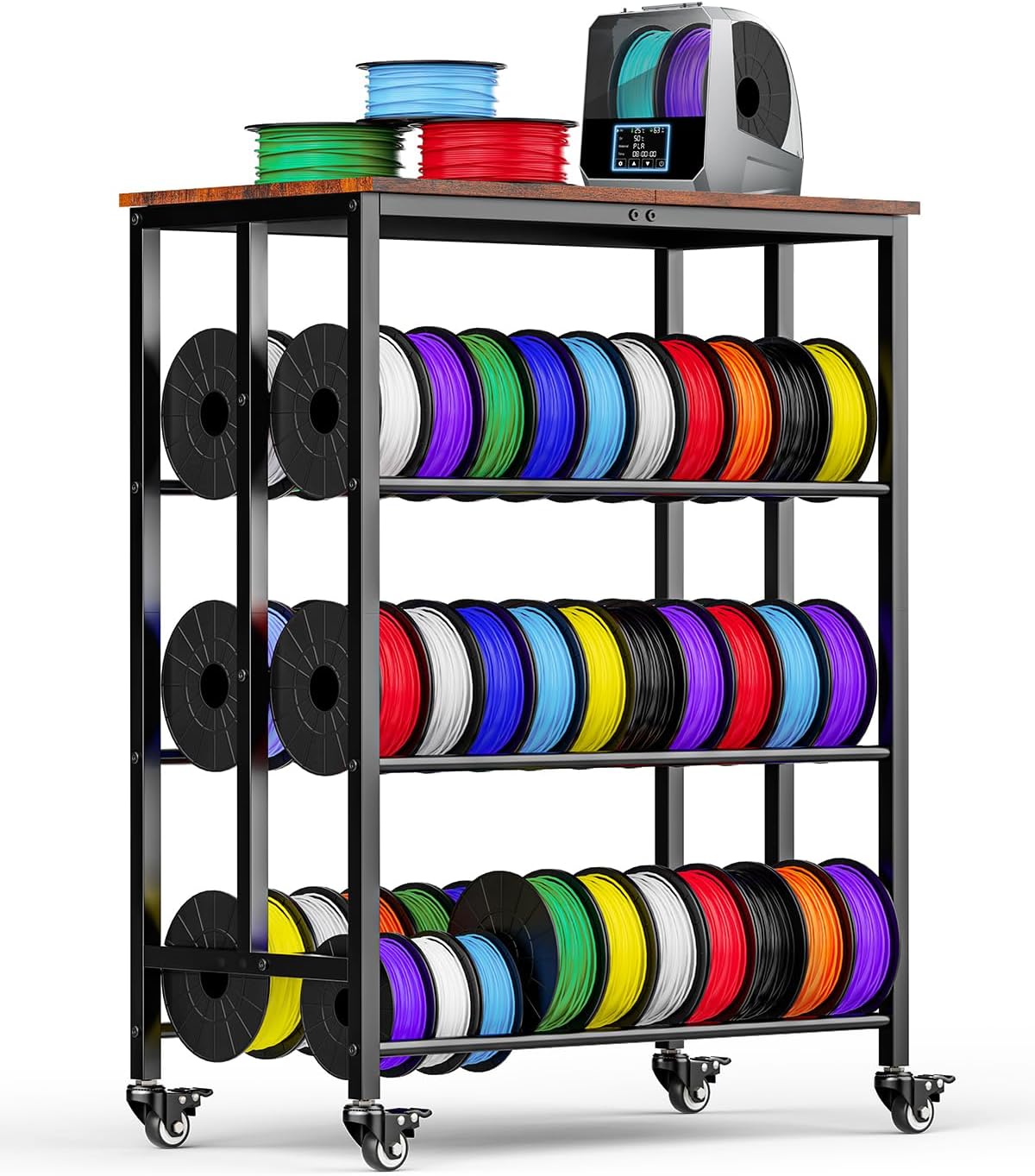 3D Printer Filament Cart, 2 Rows Filament Storage Rack Shelf for PLA/TPU/ASA/Nylon Filament Metal Storage Rack with Storage Board, 3D Printer Accessories for Workshop Garage Office Storage Tire Rack