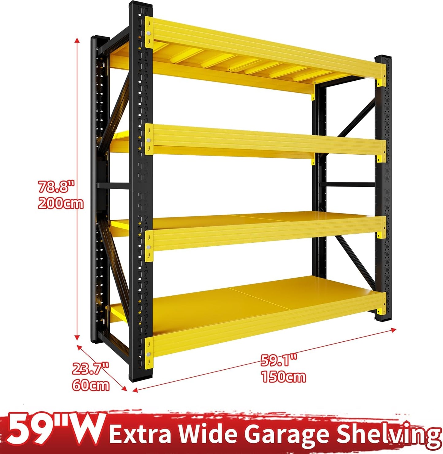 5000LBS Heavy Duty Garage Shelving 59" W Garage Storage Shelves 4-Tier Metal Garage Shelving Adjustable Shelf Unit Storage Rack for Basement Supermarket Warehouse 59" W x 24" D x 78" H Yellow
