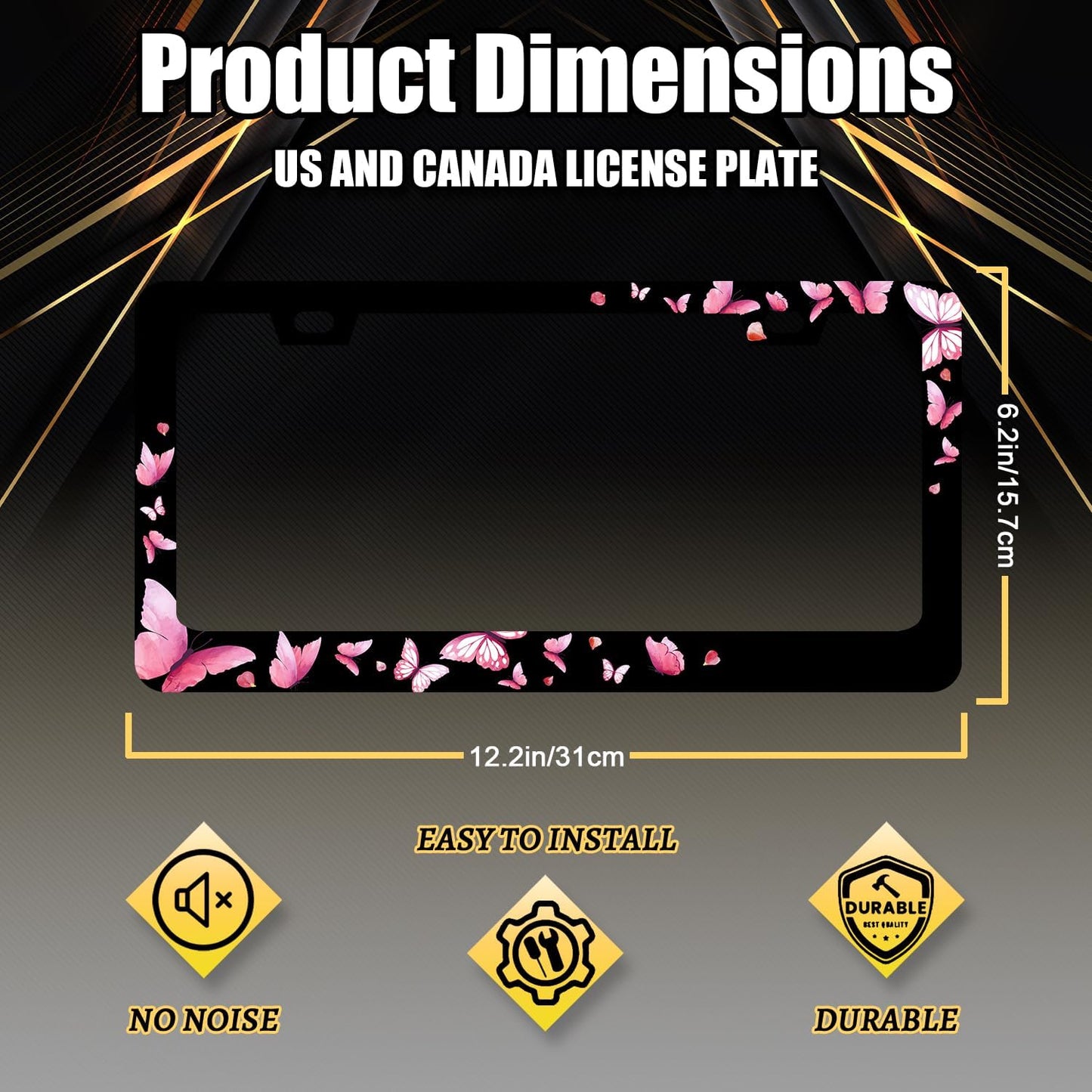 Butterfly License Plate Frame Pink Butterflies License Plate Stainless Steel Funny Accessories Cars Decor 12.2 X 6.2 Inch with 2 Holes and Screws Fits Standard Us Ca Vehicles