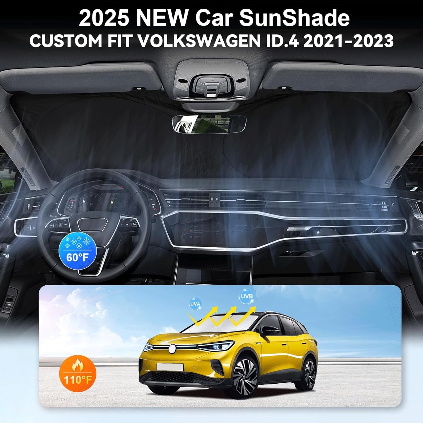 Custom Fit VW ID.4 Windshield Sunshade for 2021-2022 2023 2024 2025 VW ID.4 for Volkswagen Accessories Front Window Shield Cover for Windshield Sun Visor Protector Blocks UV Keeps Car Cool