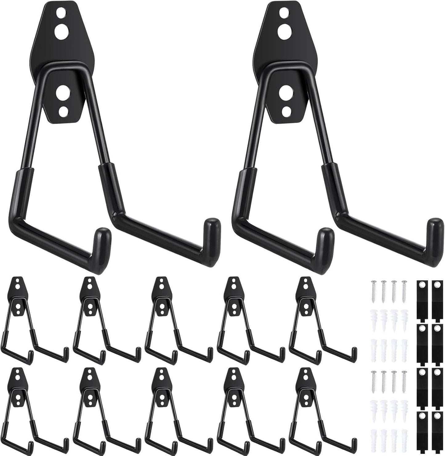 Landhoow 20 Pack Garage Hooks Set Include 12 Pcs Steel Garage Hooks Heavy Duty and 8 Pcs Extension Cord Organizers Utility Wall Mount Storage Hanger for Hanging Bike Garden Lawn Tool Ladder (Black)