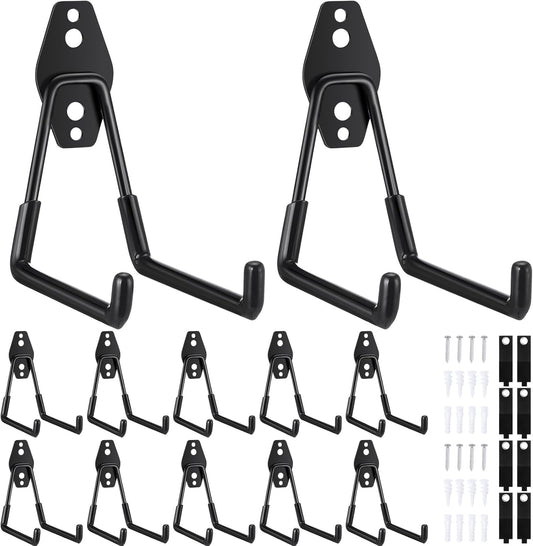 Landhoow 20 Pack Garage Hooks Set Include 12 Pcs Steel Garage Hooks Heavy Duty and 8 Pcs Extension Cord Organizers Utility Wall Mount Storage Hanger for Hanging Bike Garden Lawn Tool Ladder (Black)
