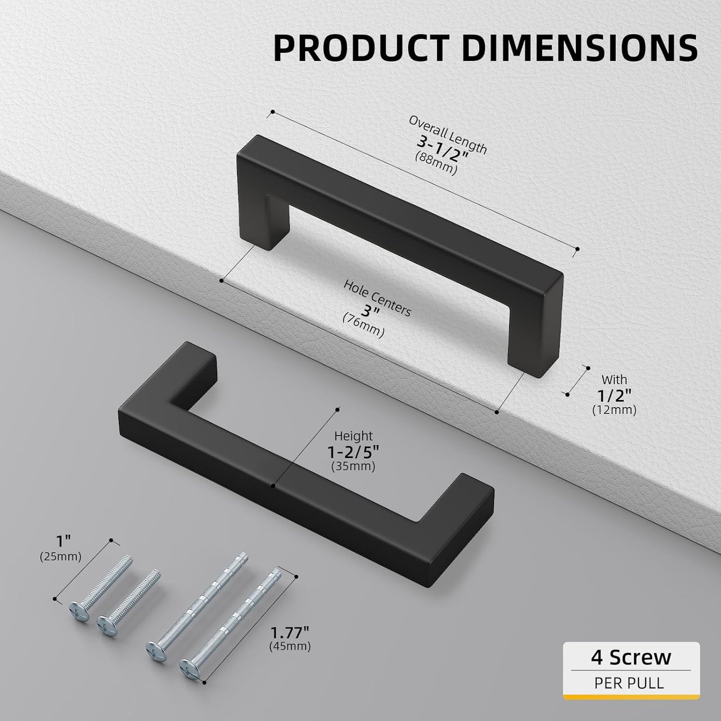 Goldenwarm 2Pack Black Square Bar Cabinet Pull Drawer Handle Stainless Steel Modern Hardware for Kitchen Bathroom Cabinets Cupboard,Center to Center 3in (76mm) Modern Matte Black Drawer Pulls