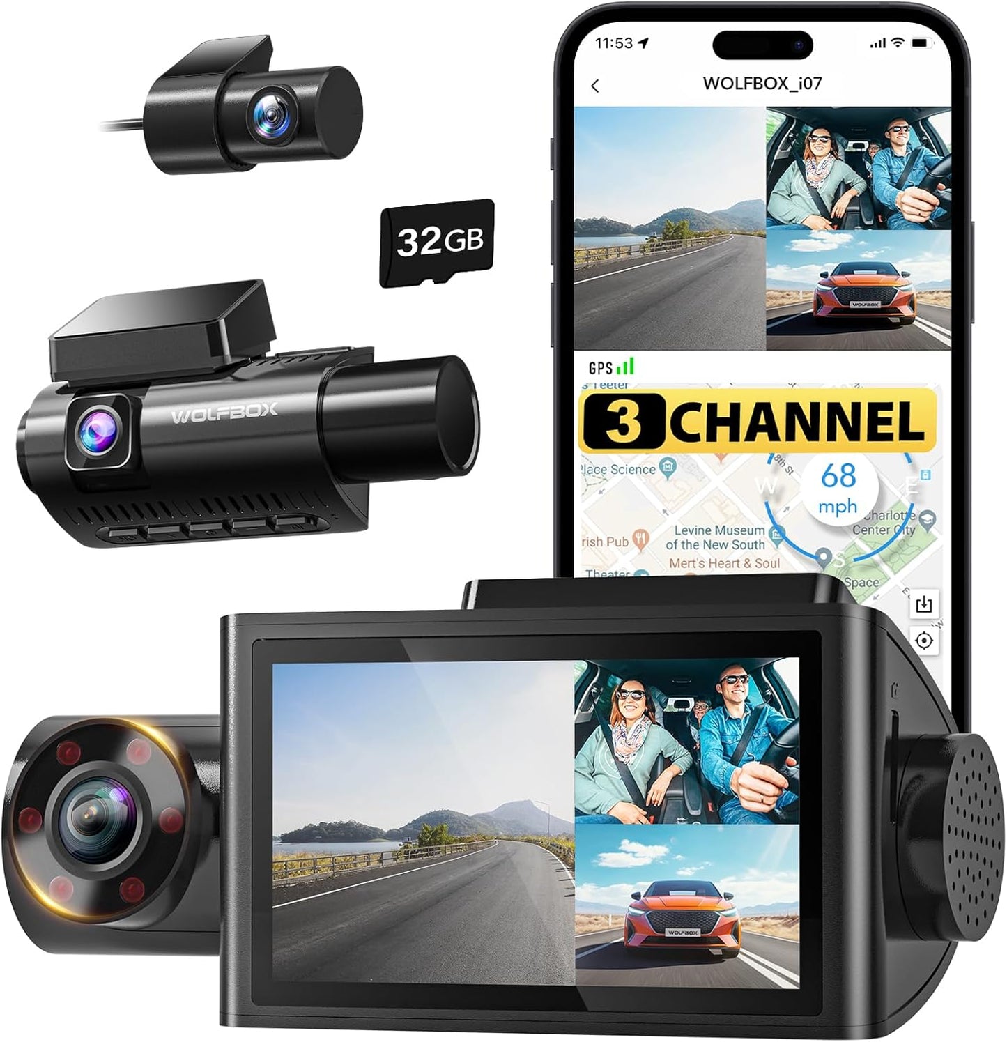 WOLFBOX i07 3 Channel Dash Cam Built-in WiFi GPS, 4K Dash Camera Front and Inside, 1440P+1080P+1080P Triple Car Camera with 3" LCD Screen, 32GB Card Included, IR Night Vision, 24H Parking Mode