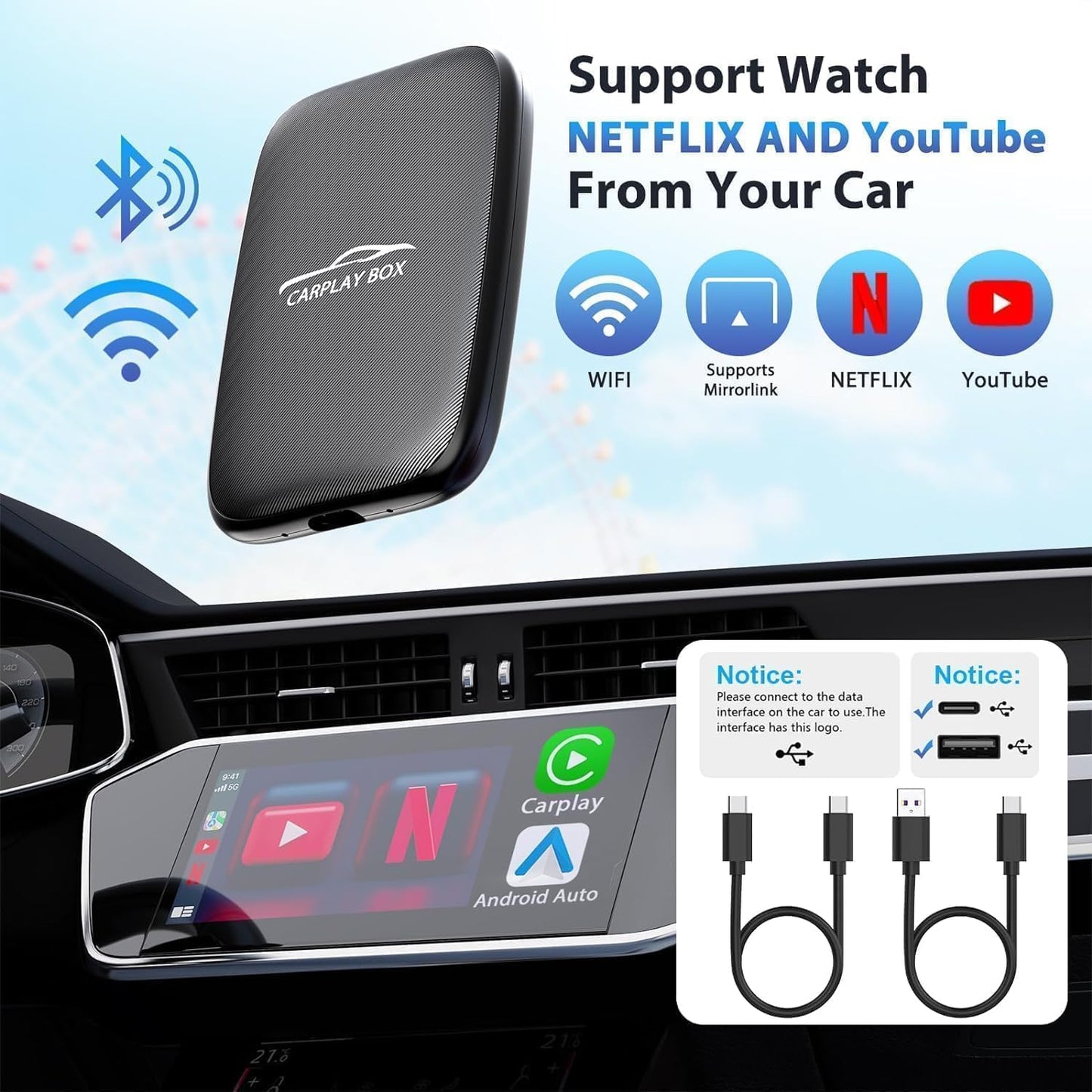 2025 Upgraded Wireless Carplay and Android Auto Dongle Support Netflix/YouTube,Car Play Ai Box with USBA-C and USBC-C Cable for iPhone Android,Convert Wired to Wireless CarPlay Stream to Your Car