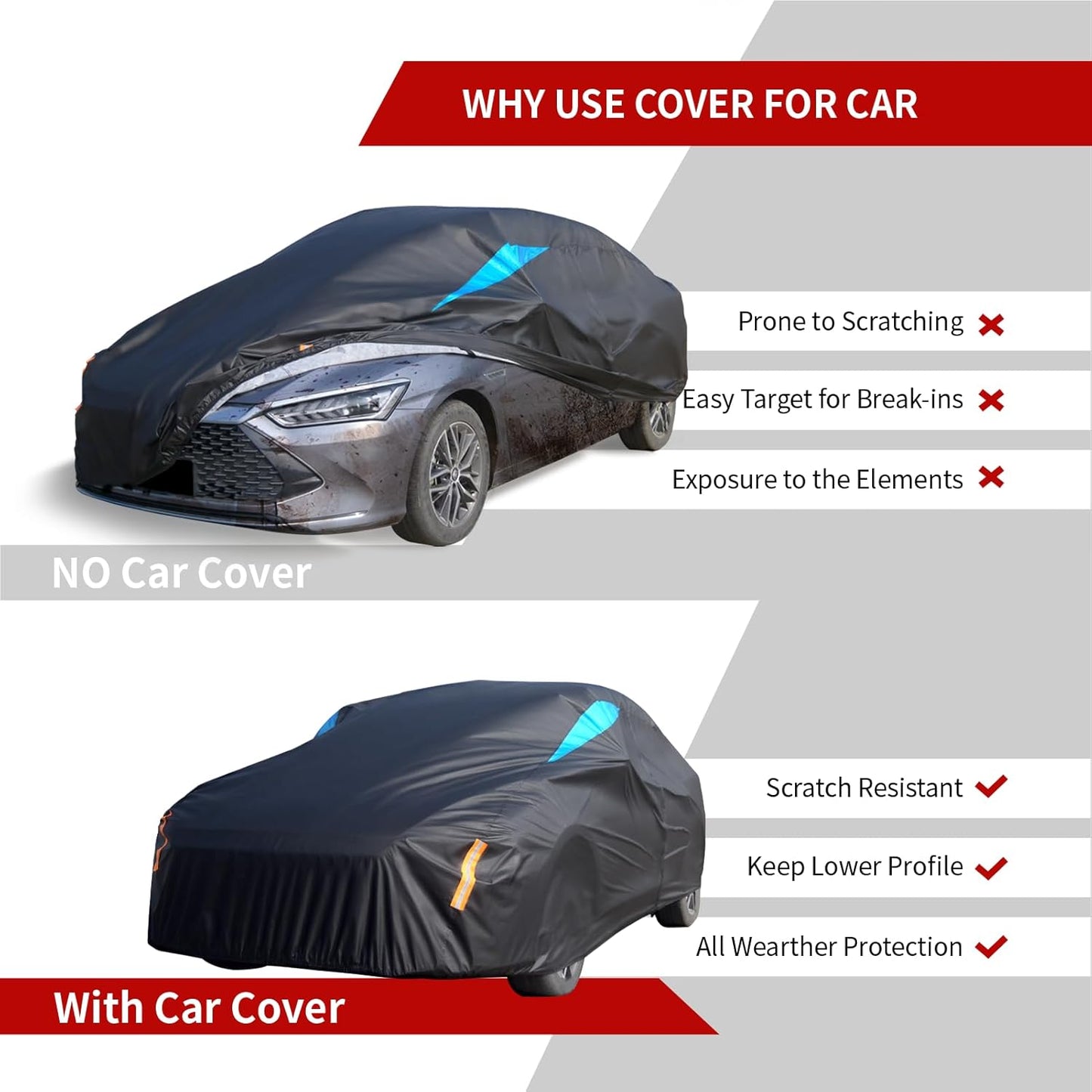Car Cover Waterproof All Weather, 6 Layers Car Covers for Automobiles, Full Exterior Cover with Zipper, Outdoor Car Cover Sun UV Rain Snow Wind Protection for Sedan (196-210 inch)
