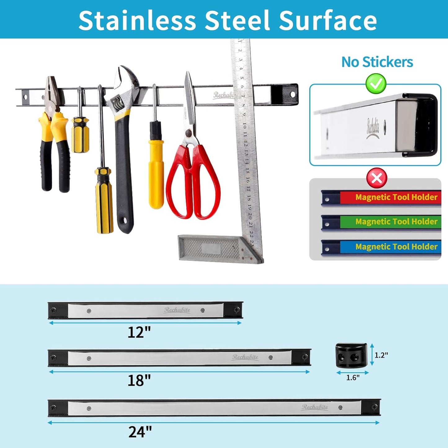4 Pieces 12" Magnetic Tool Holder Strip, Stainless Steel Surface Tool Magnet Bar, Metal Tool Organizer Rack for Garage Organization, Easy To Install in Workshop, Mounting Screws Included